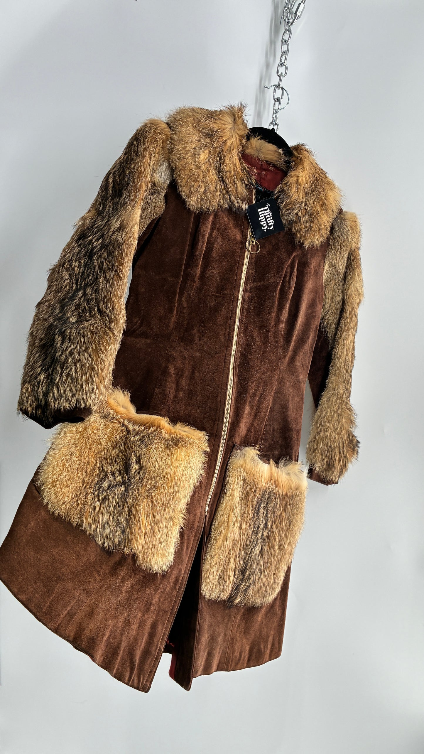 Vintage Cederland 1970s Genuine Suede Leather Coat with Fur Pockets, Sleeves, and Collar (44)