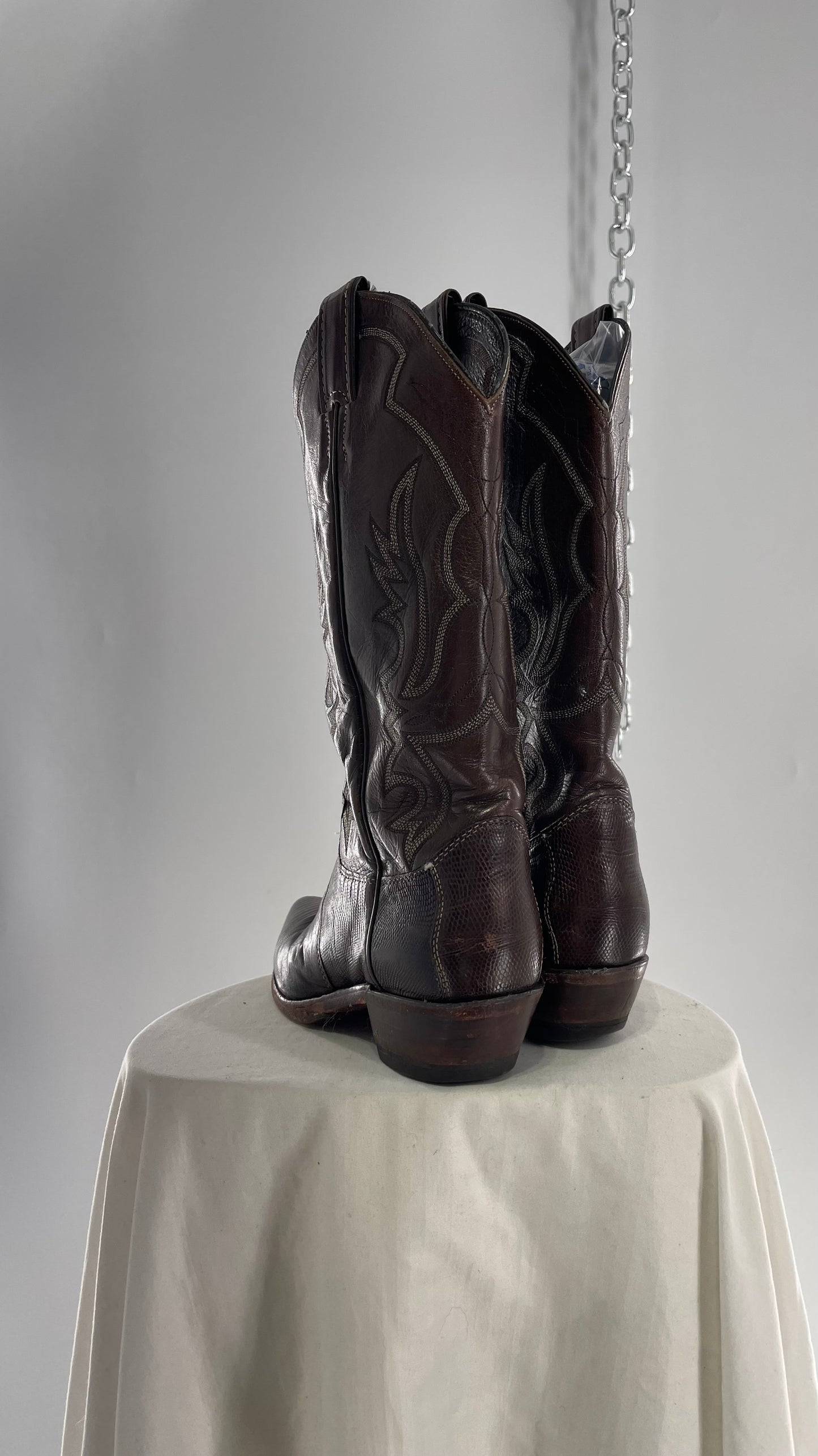 Vintage JUSTIN Dark Brown Leather/Lizard Pointed Toe Cowboy Boots Worn In (7.5)