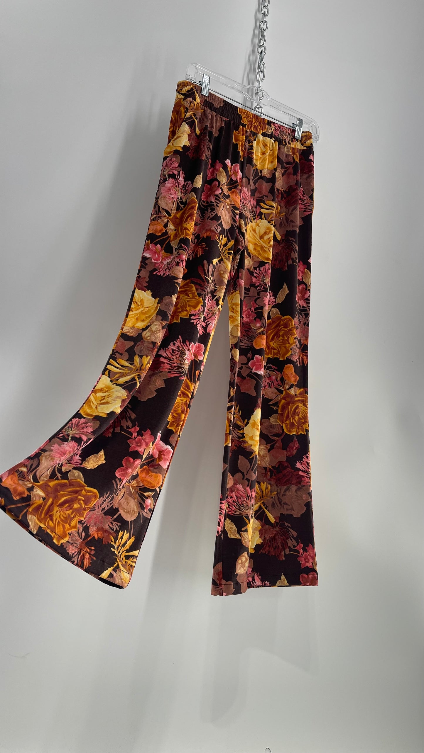 Lemon Way Brown Autumn Foliage Graphic Stretchy Wide Legs (Small)