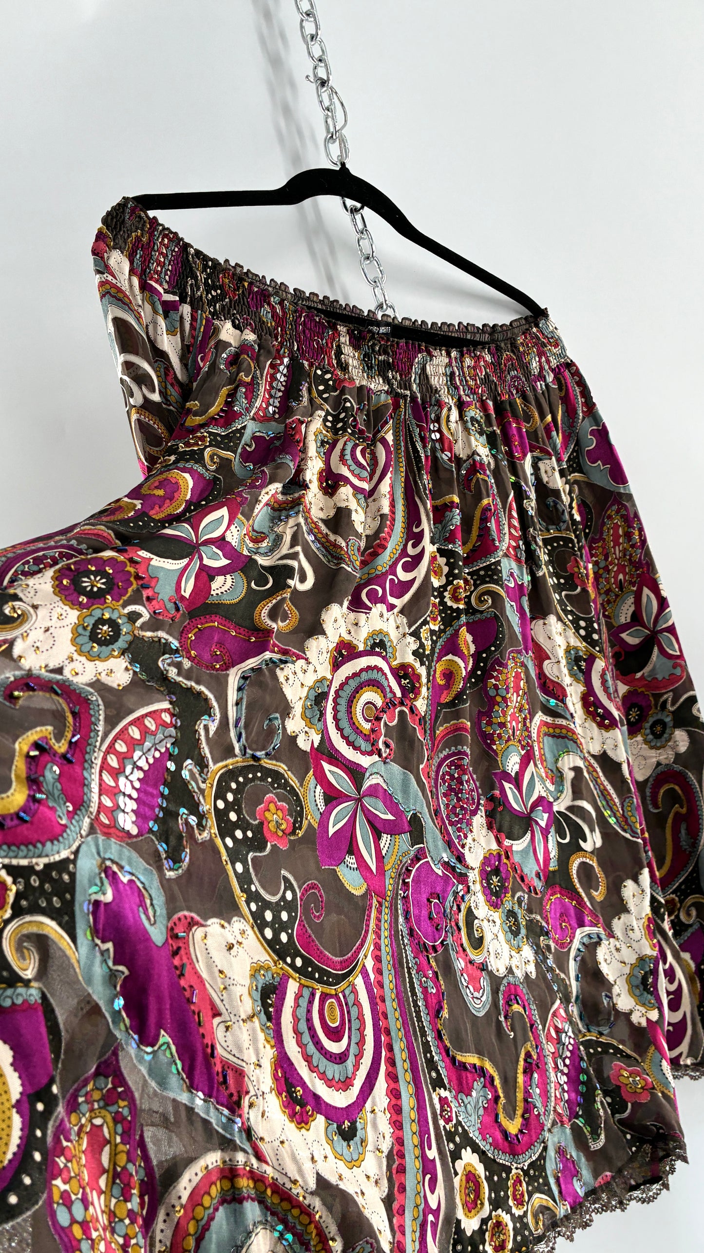 Vintage Italian 1990s 35% Silk Beaded Off the Shoulder Paisley Blouse/Mini Dress with Lace Trim (One Size)