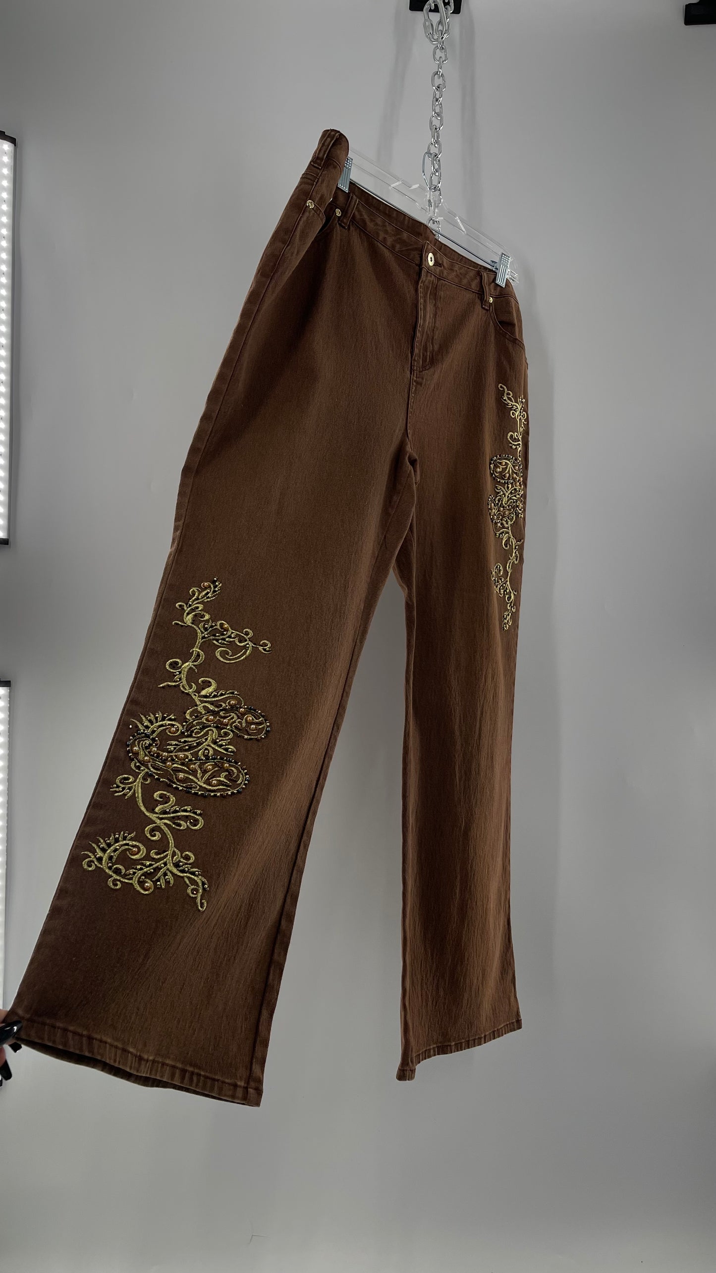 Vintage Midnight Velvet Embroidered + Beaded Brown Flares (18W)