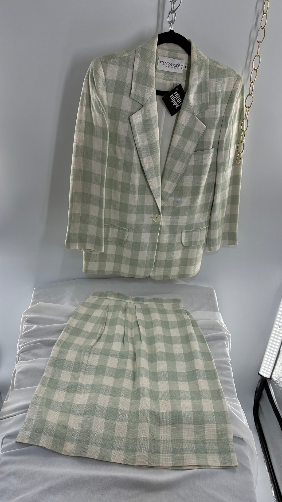 Vintage JH COLLECTIBLES 100% Rayon, Sage Gingham Suit Set (6 Skirt, 4 Blazer)