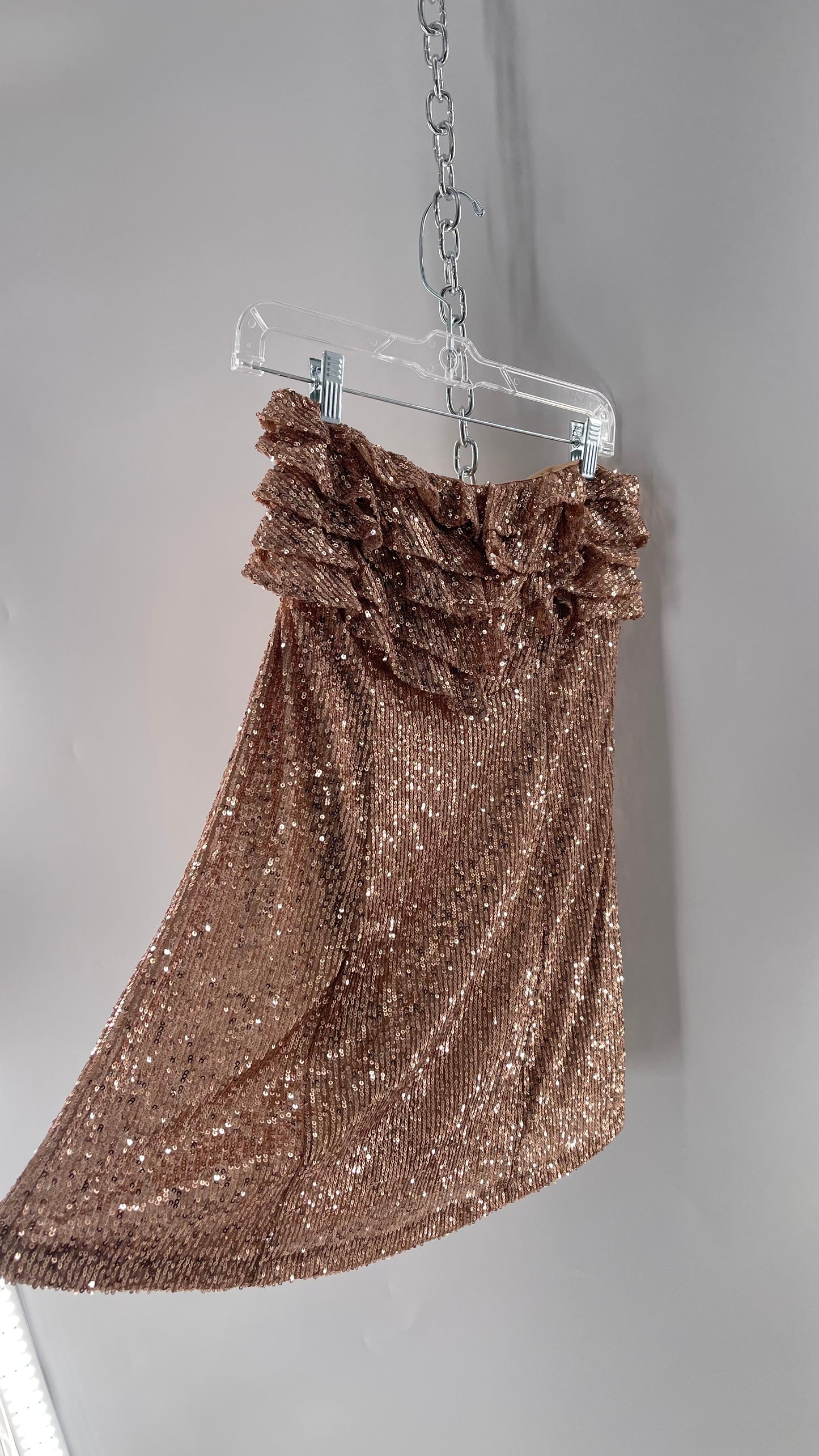 Free People Rose Gold Sequin Mini Dress with Ruffled Bust and Statement Back Zipper (4)
