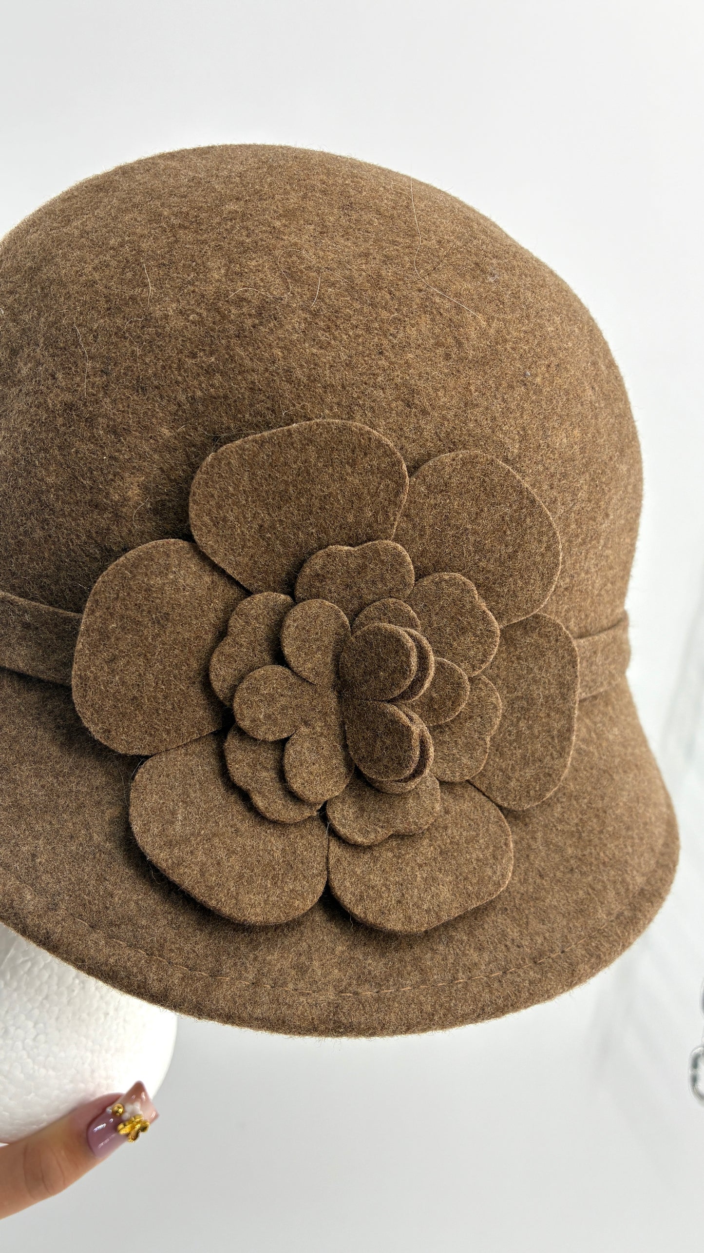 Vintage KATHY JEANNE Millinery 100% Wool Hat with Floral Rosette Appliqué
