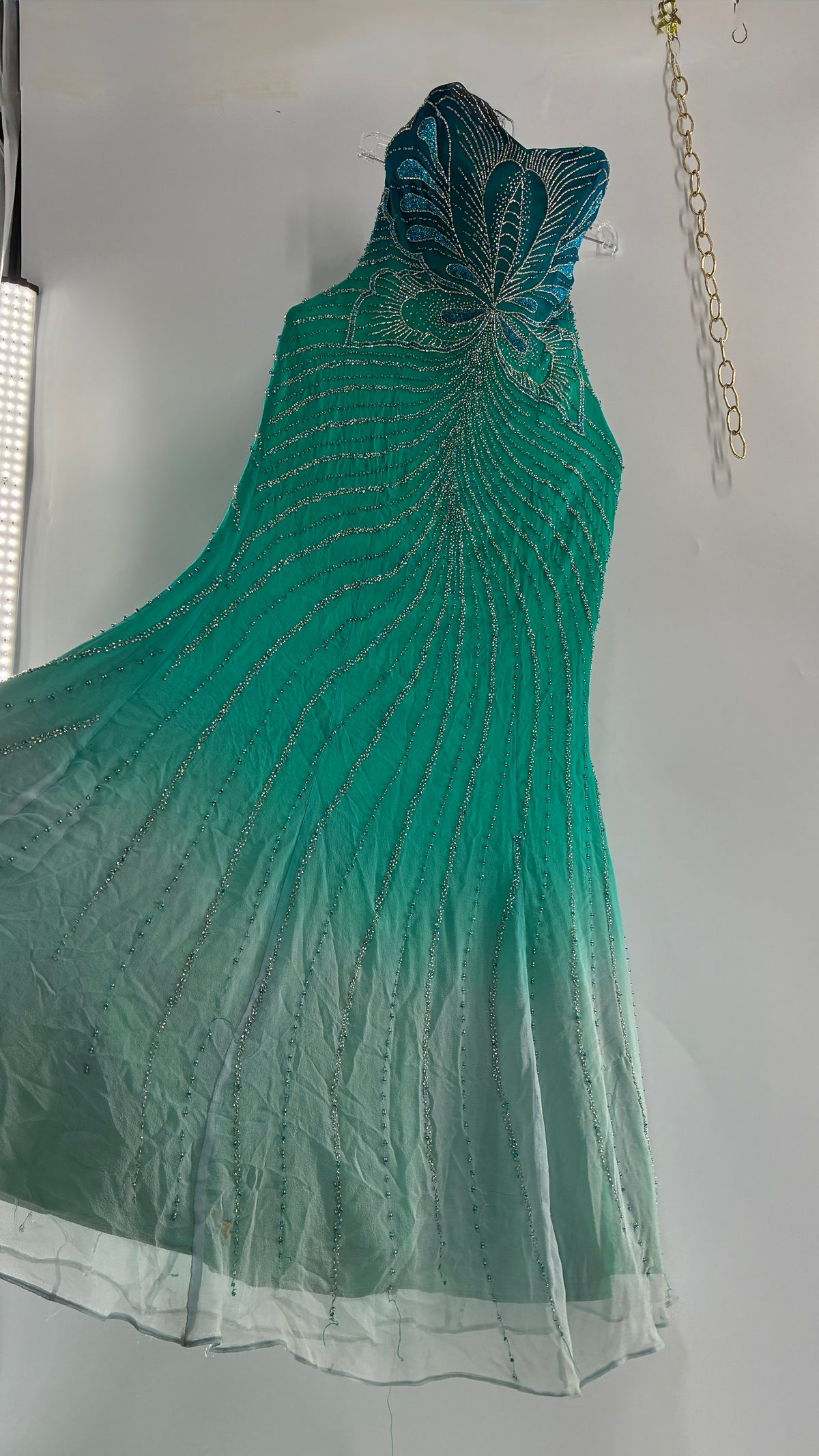 Vintage 1990s STUDIO17 100% Fully Beaded Silk Aquamarine Butterfly Dress (8)