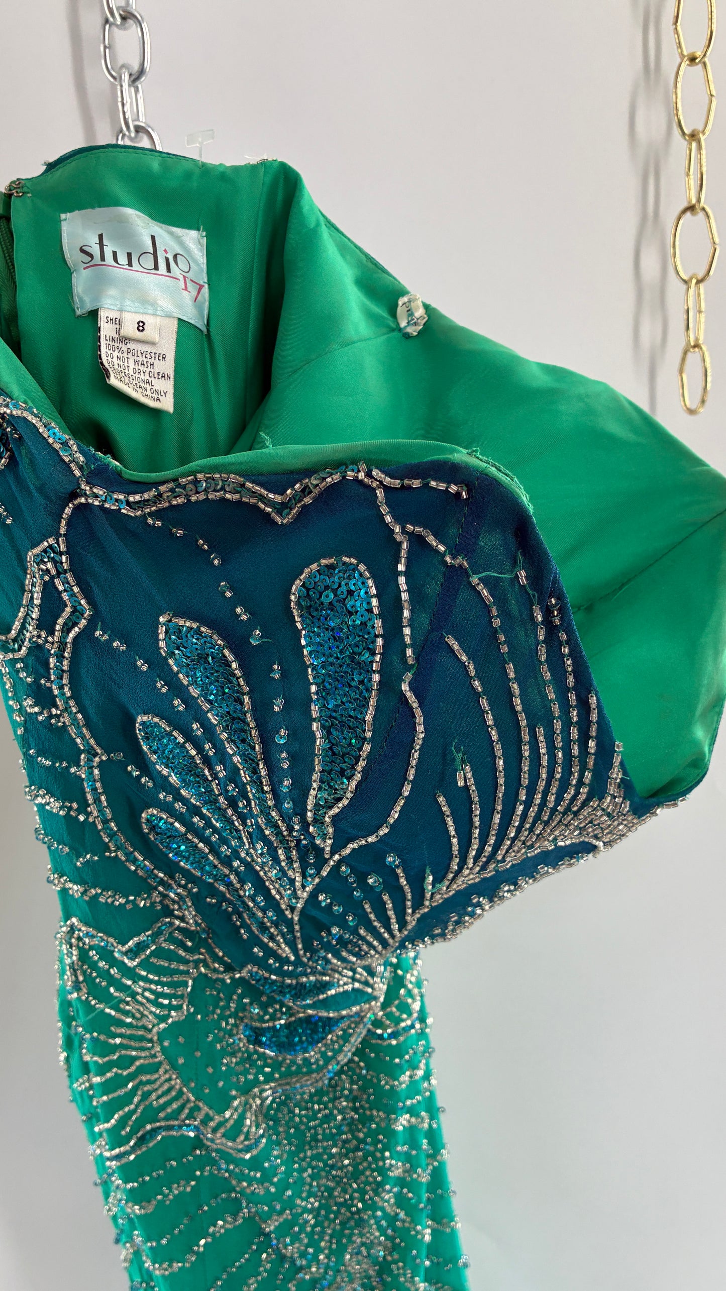 Vintage 1990s STUDIO17 100% Fully Beaded Silk Aquamarine Butterfly Dress (8)