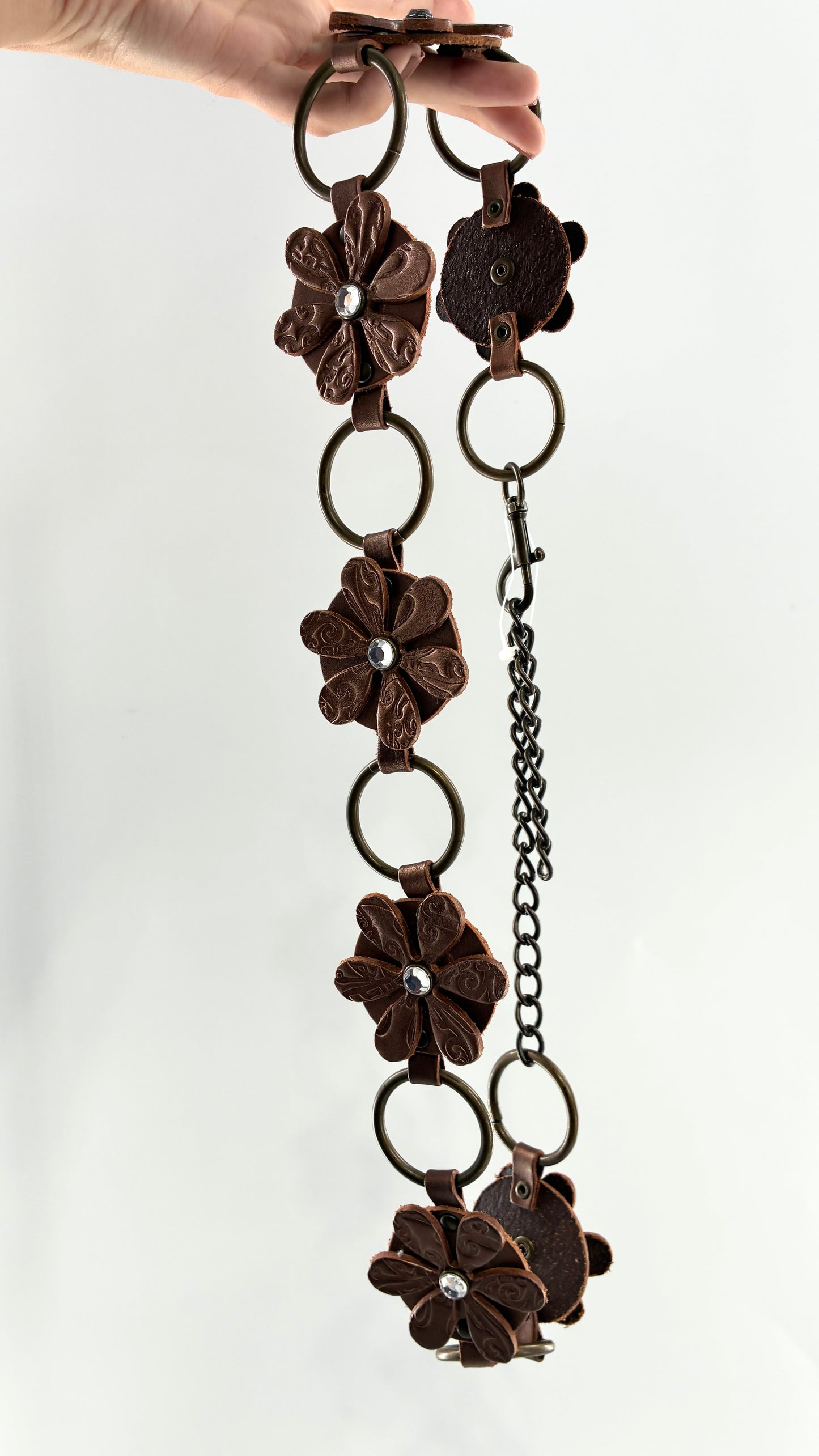 Vintage RELIC Brown Bronze Leather Flower Chain Belt with Rhinestones (M/L)