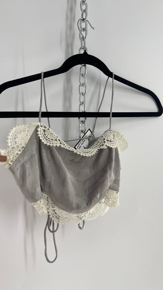 Intimately Free People Grey Silky Bustier with Tattoo Pattern and White Lace Trim (XS)