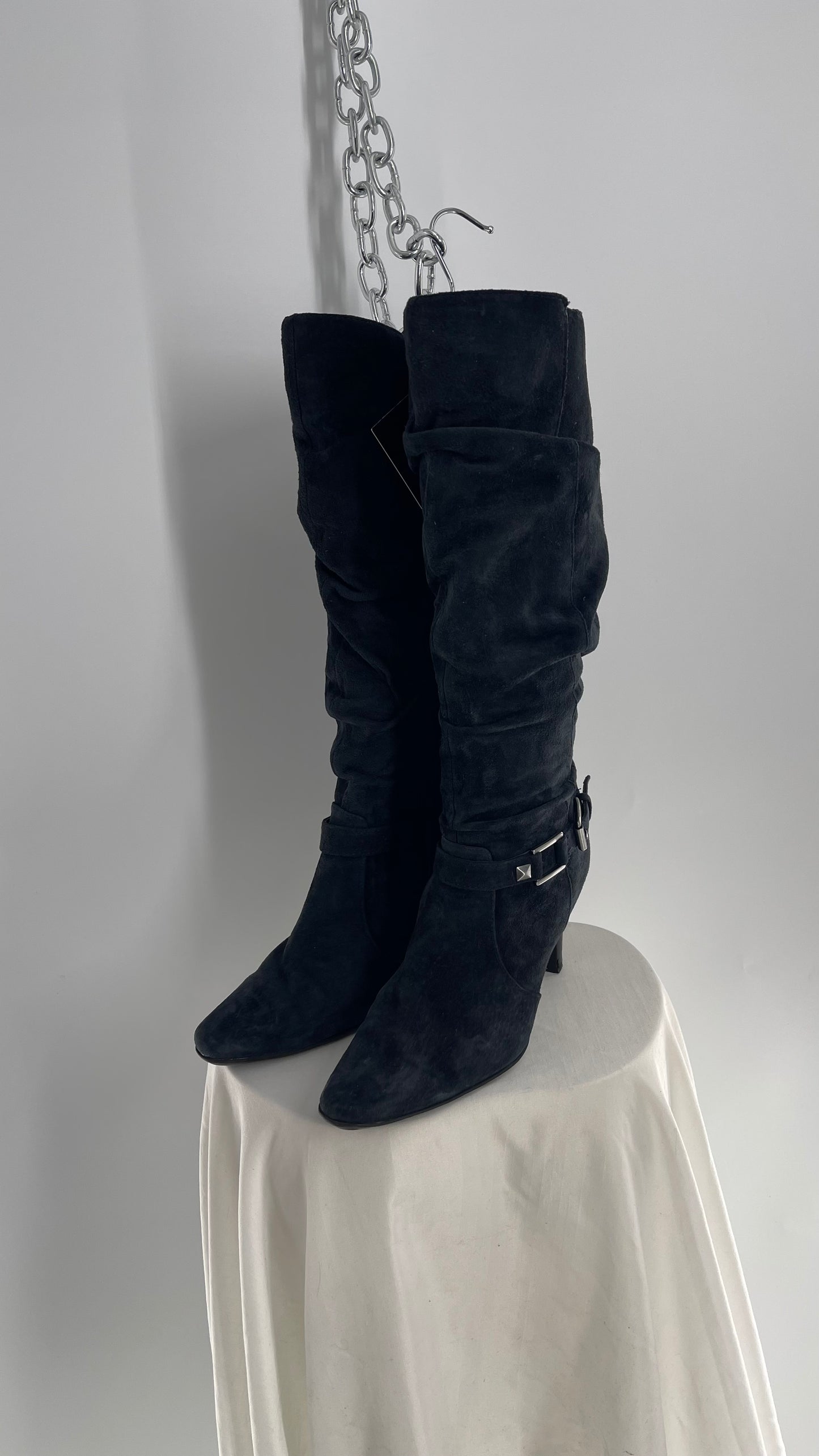 Vintage White Mountain Black Stacked Knee High Heel Boots with Ankle Stud and Buckle (7.5)