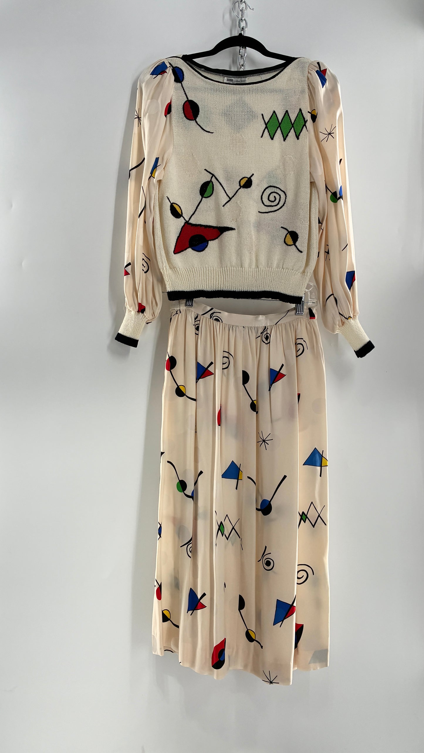 Vintage 1980s UMI collections by Anne Crimmins Off White 2 Piece Set with Abstract Embroidered Designs and 100% Silk Polka Dot Print Skirt (Medium Sweater, 8 Skirt)