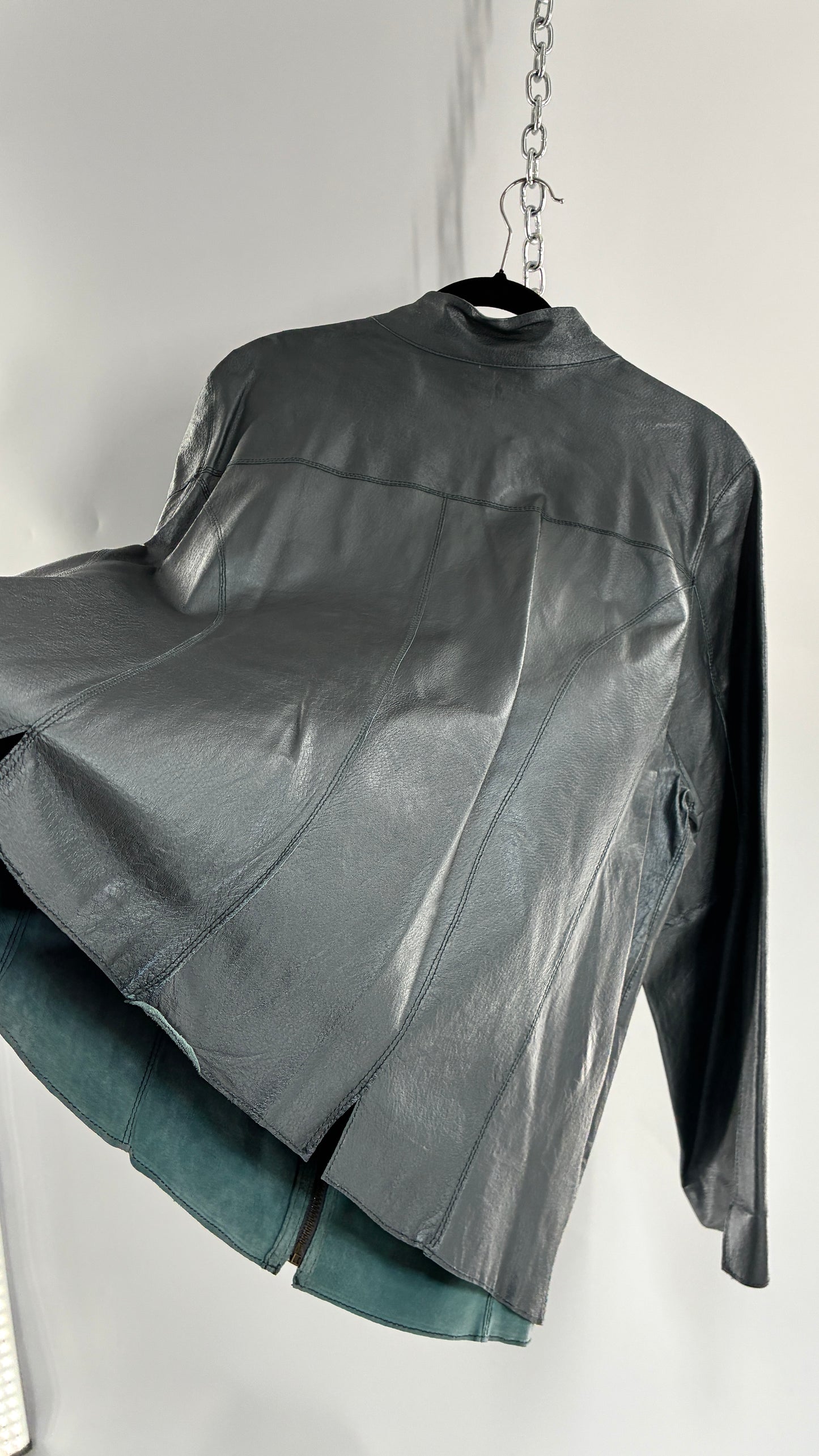 Vintage 1990s Metallic Blue Genuine Leather and Suede Reversible Thin, Zip Up Moto Jacket (XXL)