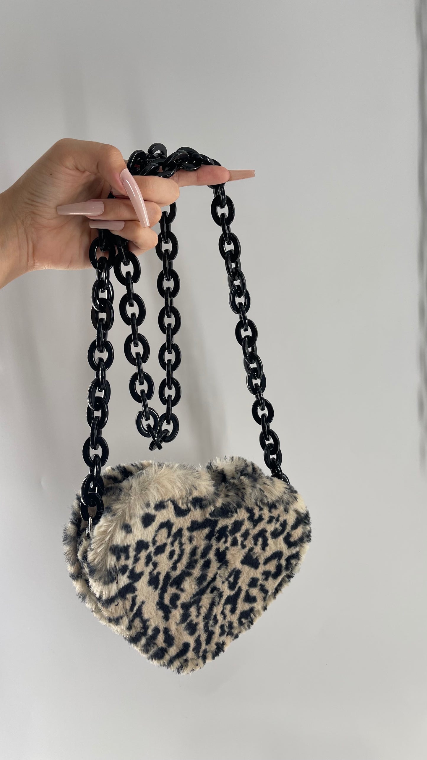 Cheetah Faux Fur Heart Shaped Bag with Black Chain Strap