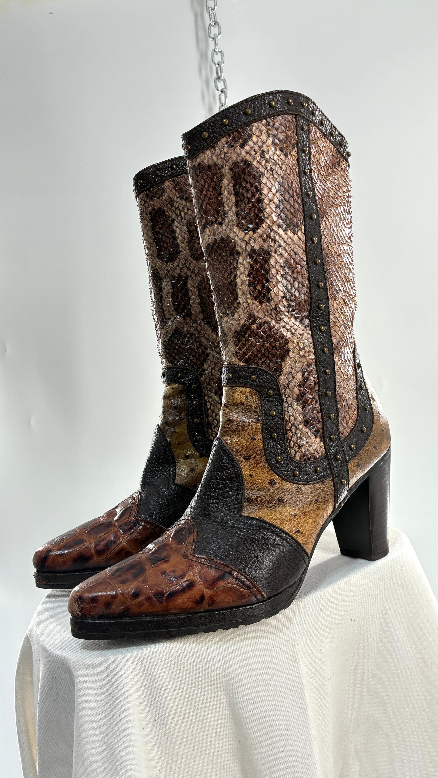 Vintage STUART WEITZMAN Stampede Boots Ft Snake, Crocodile and Ostrich Embossed Leather (8.5)