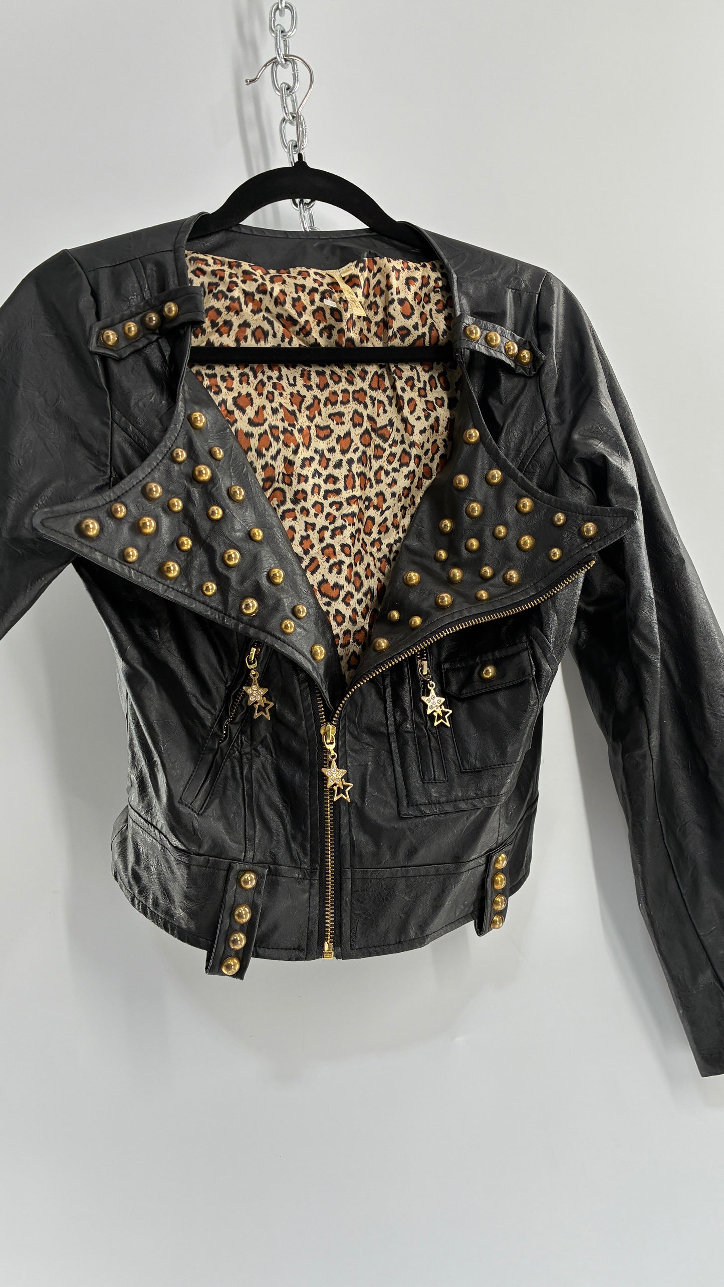 Vintage Black Vegan Leather Jacket with Oversized Lapel, Belt Loops and Pockets Covered in Heavy Duty Gold Studs (Small)