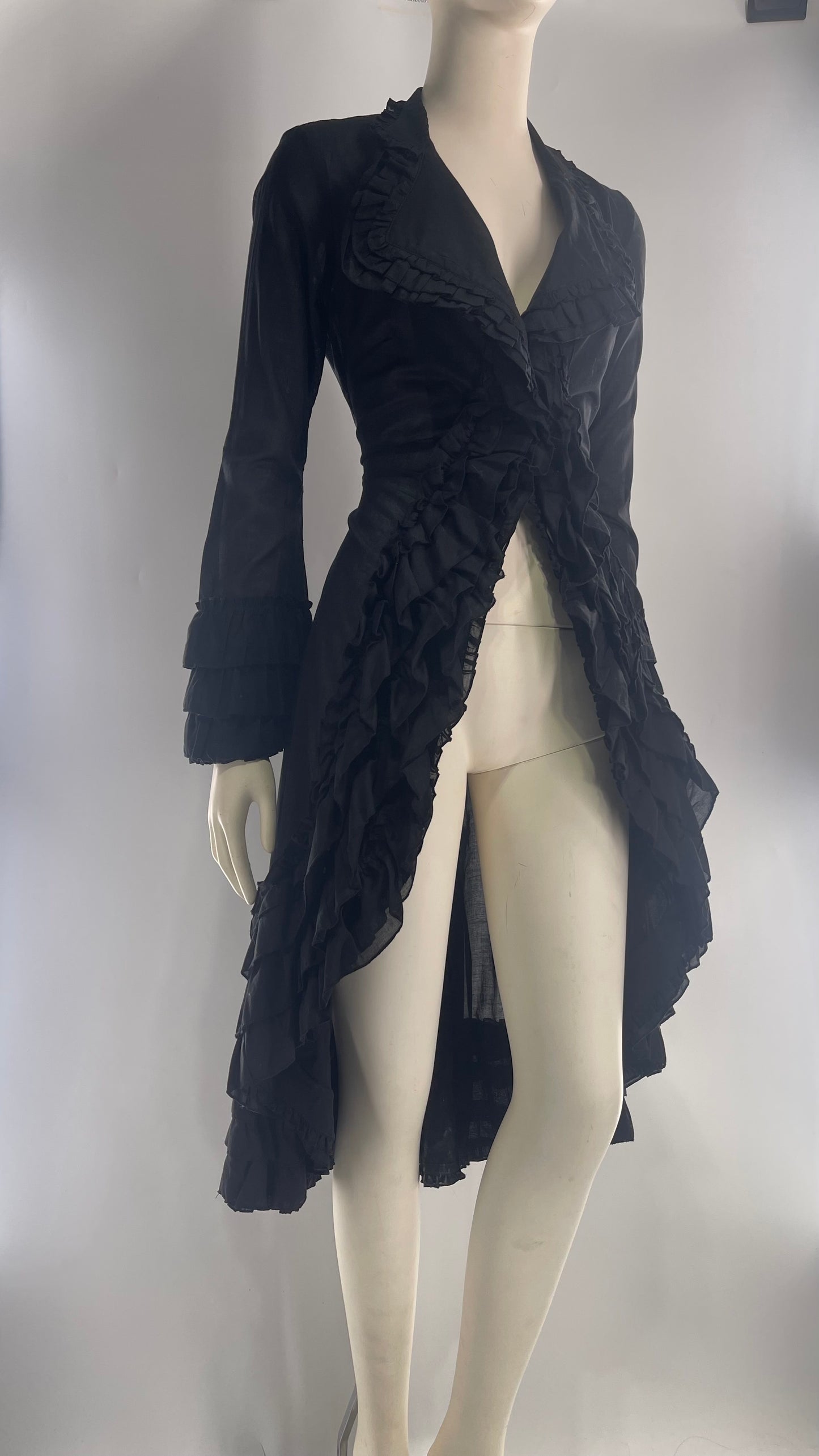 Vintage Cordelia Cotton Black Ruffled Duster Coat with Ruffled Lapel and Cuffs (XS)