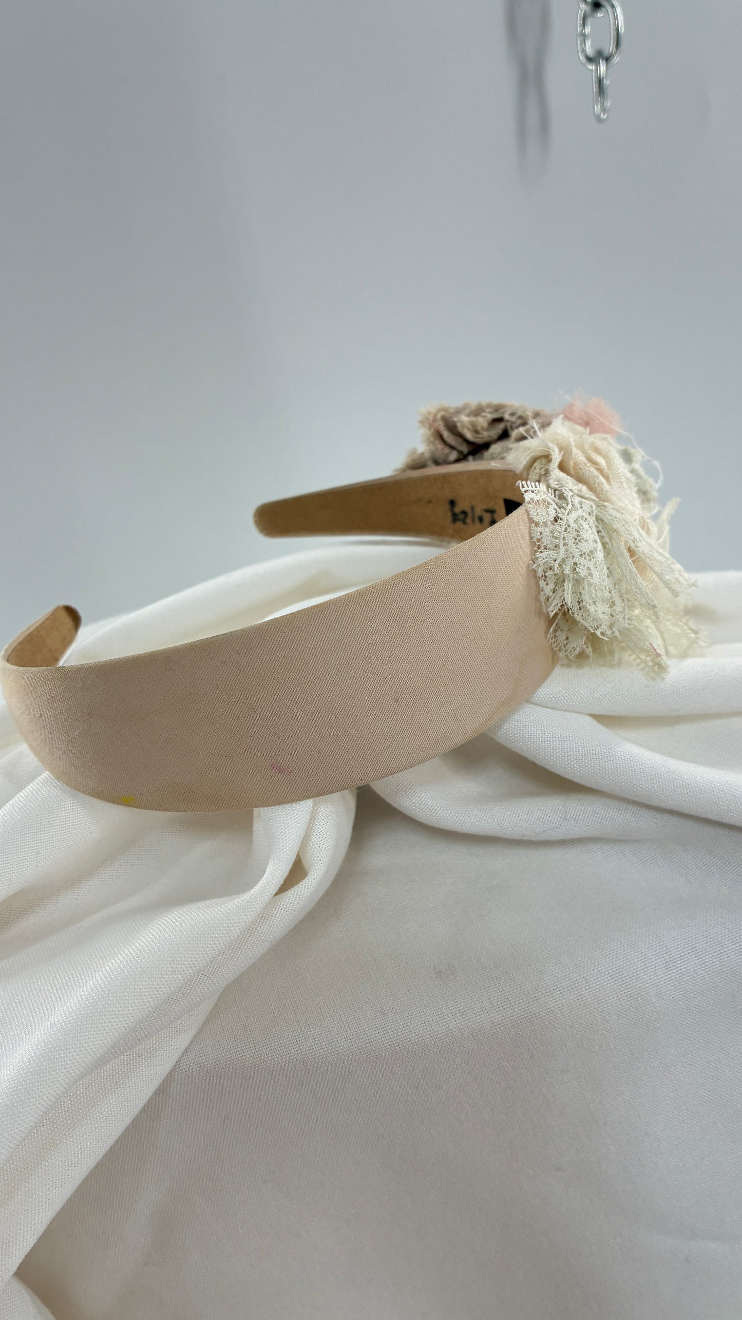 Vintage FARMER Handmade Headband with Ribbon, Flower, Button Appliqués