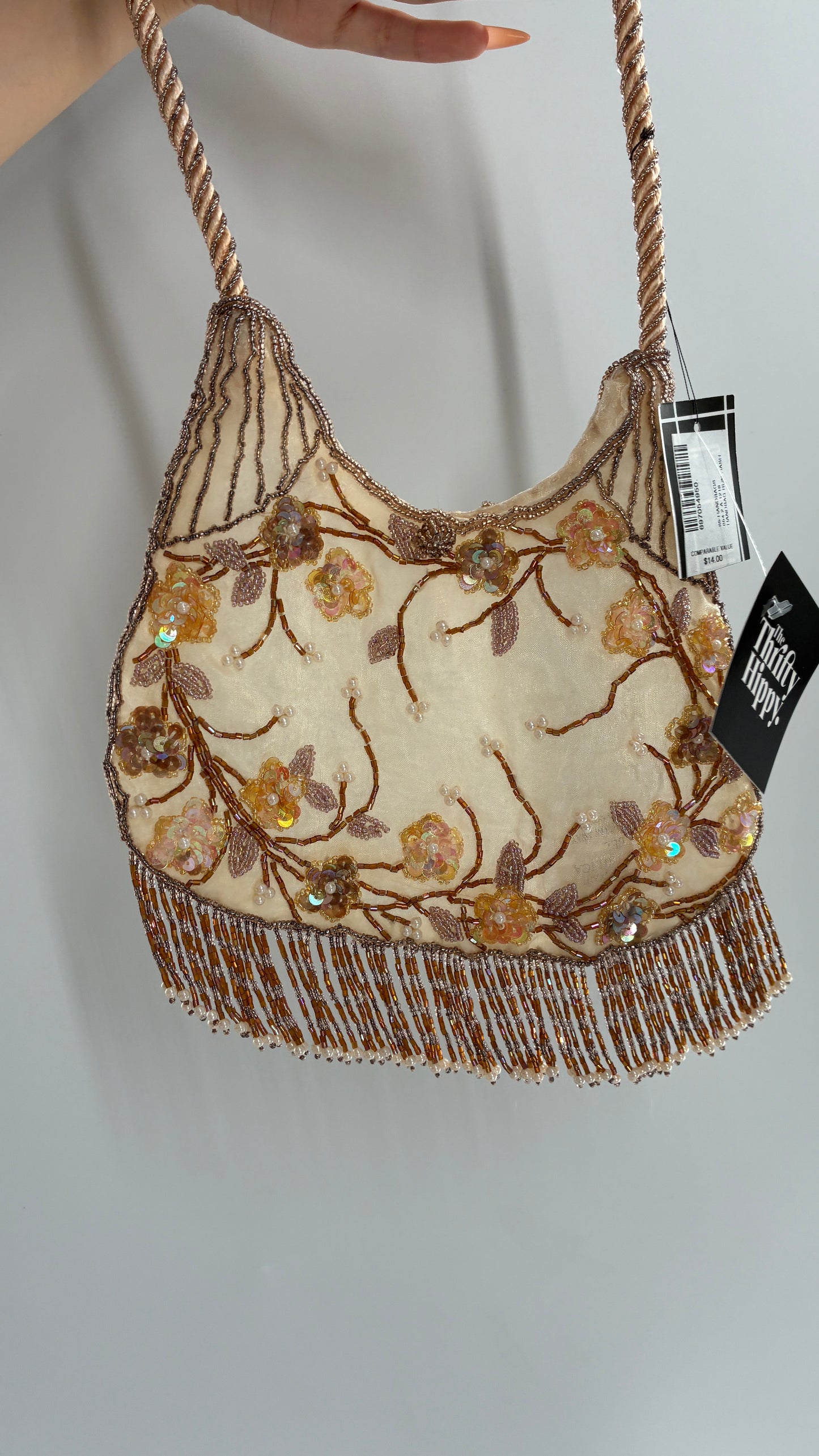 Vintage Deadstock Beige Beaded Fringe Purse with Embroidered Beaded Florals