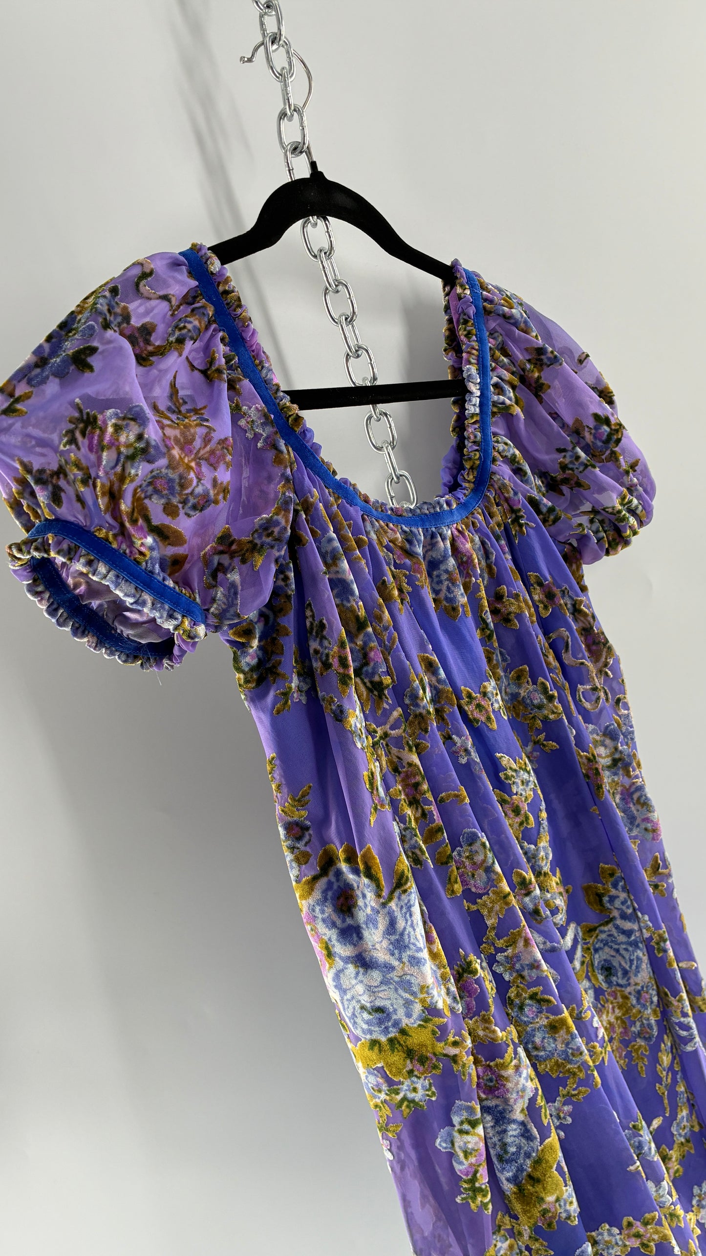 Free People Royal Blue Velour Floral and Bow Puff Sleeve Babydoll Mini Dress (XS)