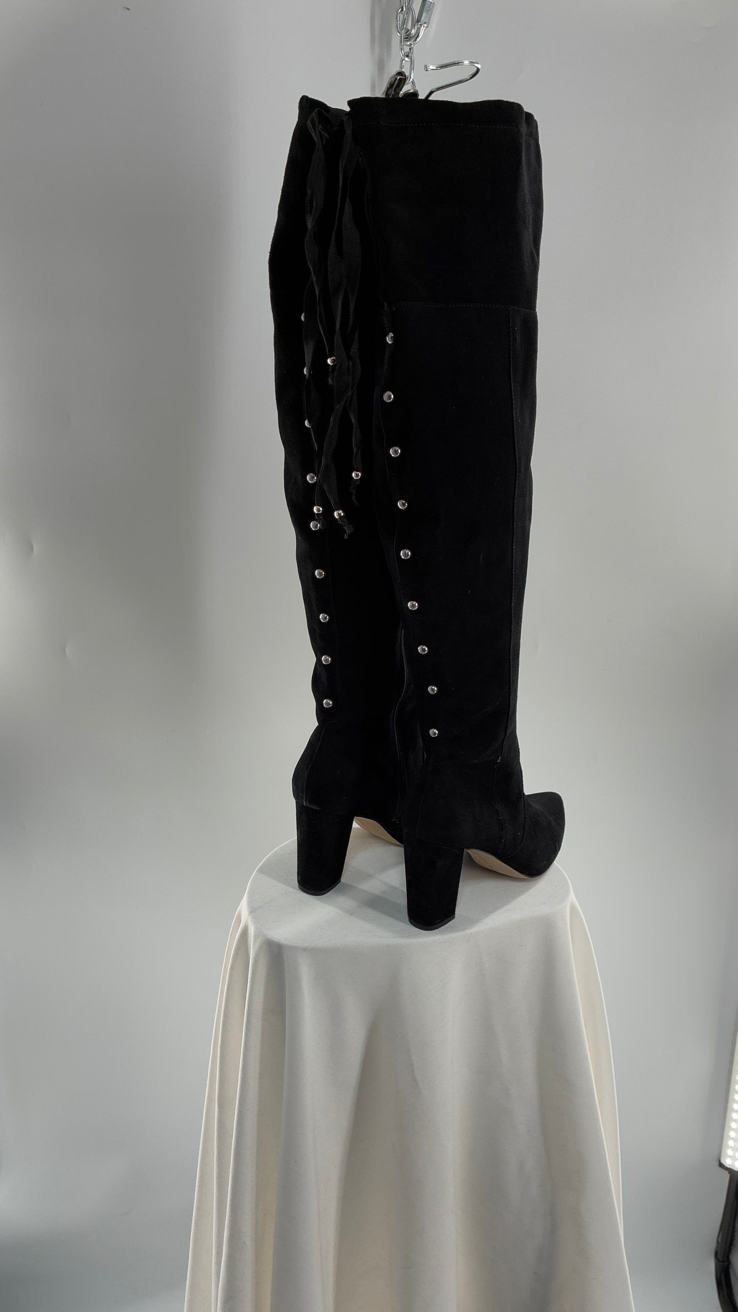 Vintage Black Genuine Suede ADRIENNE VITADINI Thigh High Pointed Toe Boots with Stud Detailing (10)