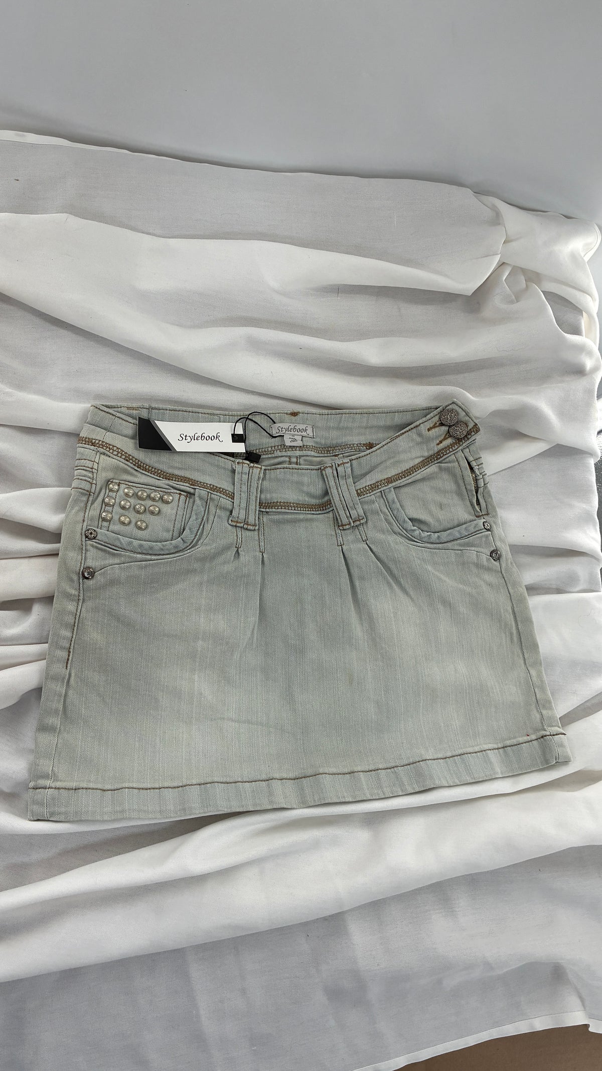 Deadstock Vintage Stylebook Light Denim Mini Skirt with Heavy Engraved Studs and Pleated Details (Small)