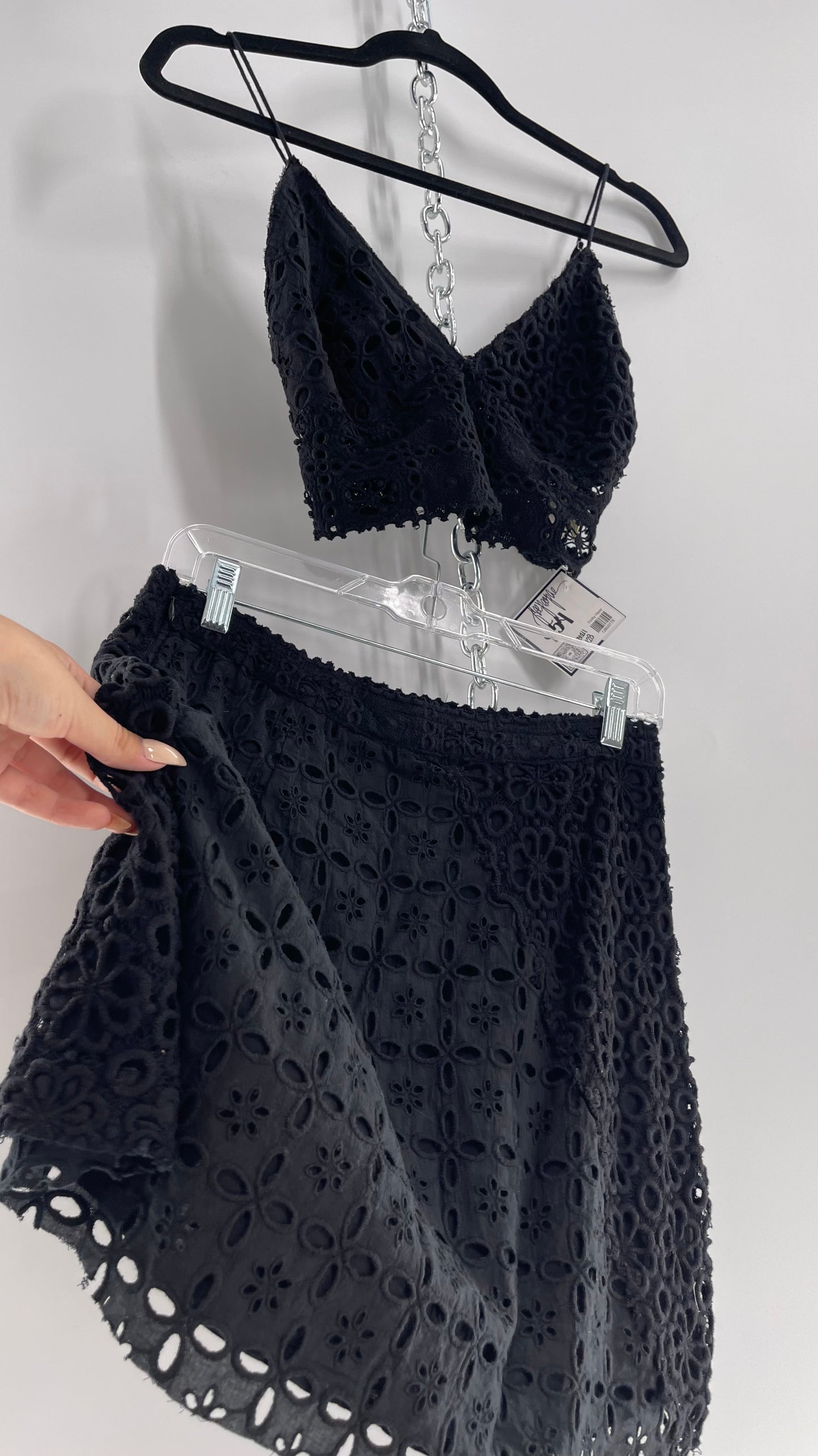 Free People Black Eyelet Lace Mini Skirt and Bustier Set (6)