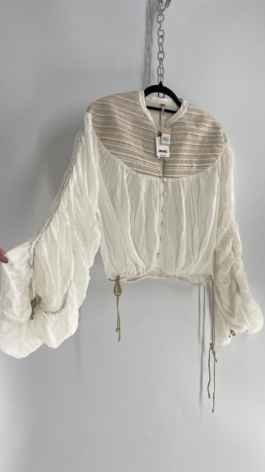 Free People Off White Draped Sleeve Button Front Embroidered Neckline Blouse with Tags Attached (Small)