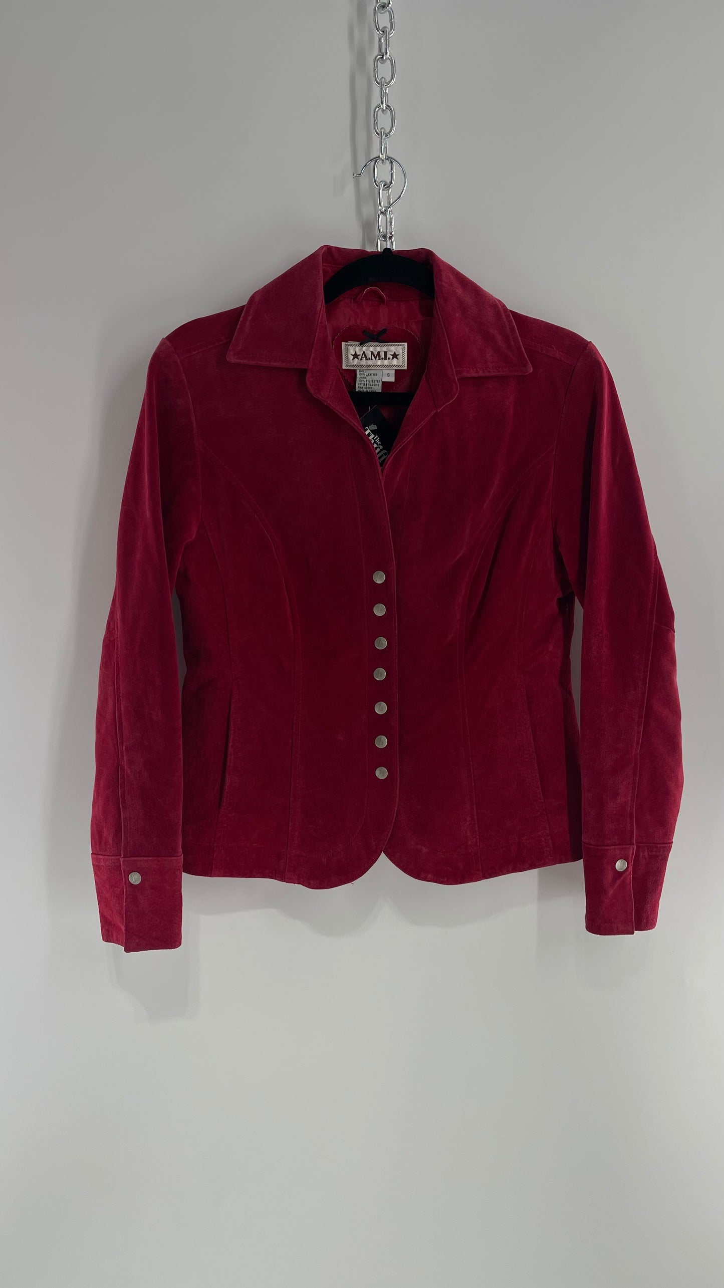 VINTAGE A.M.I Raspberry Red Suede Leather Slim Waist Metal Button Front Jacket (Small)