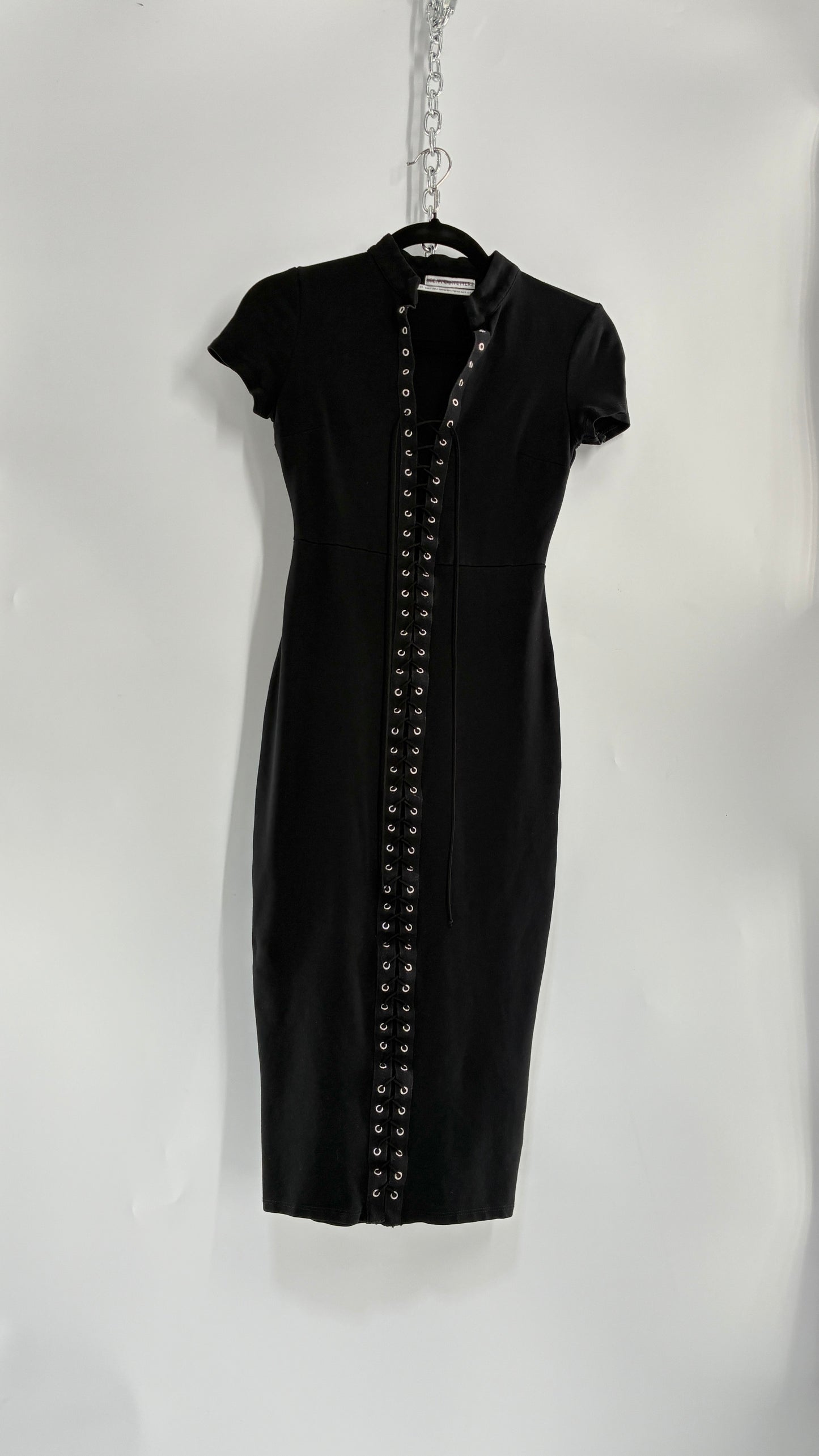 Urban Outfitters Black Midi Bodycon Dress with Tie Up Front and Vented Hem (XS)