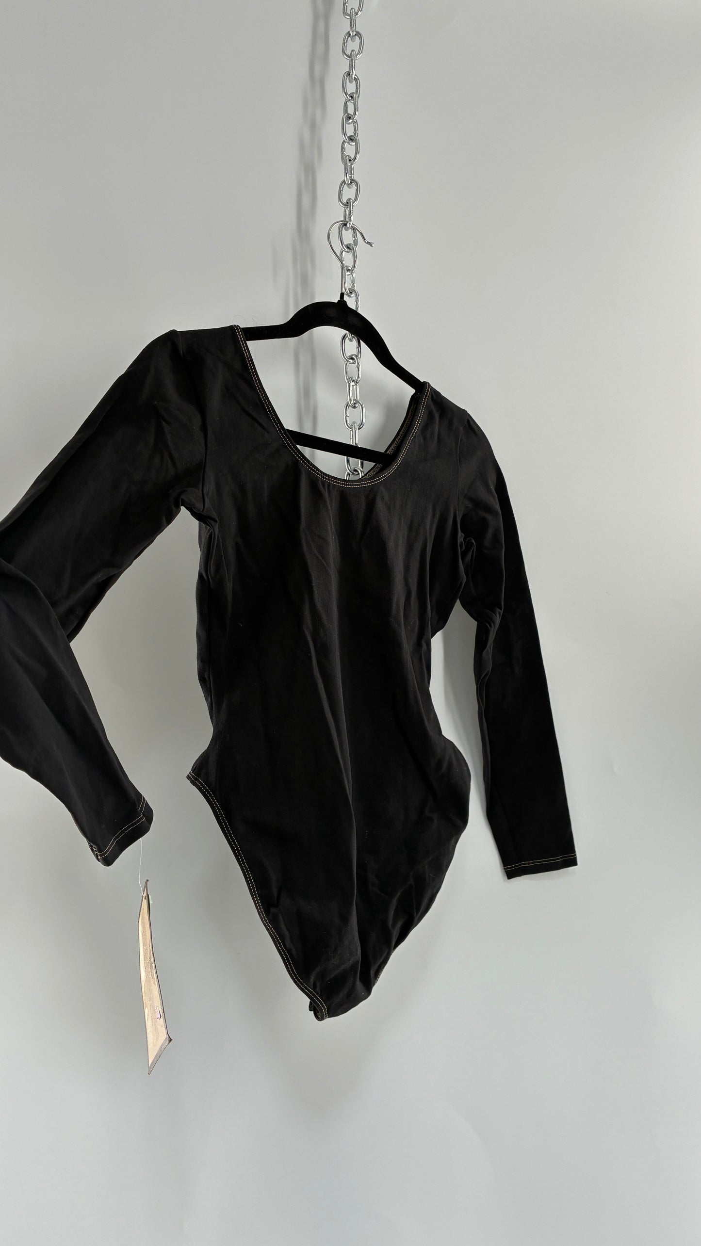 Vintage Deadstock Black Harley Davidson Long Sleeve Bodysuit with Contrast Tan Stitching (Small)