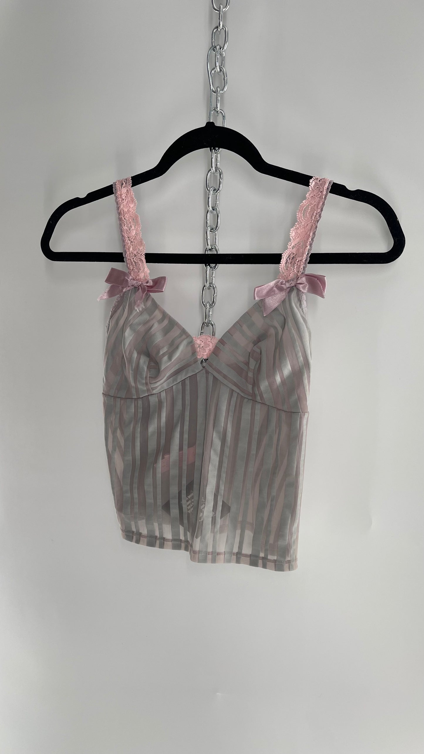 Sophie B Vintage Gray Sheer Striped Camisole Tank with Pink Lace, Bows and Ribbon (M)