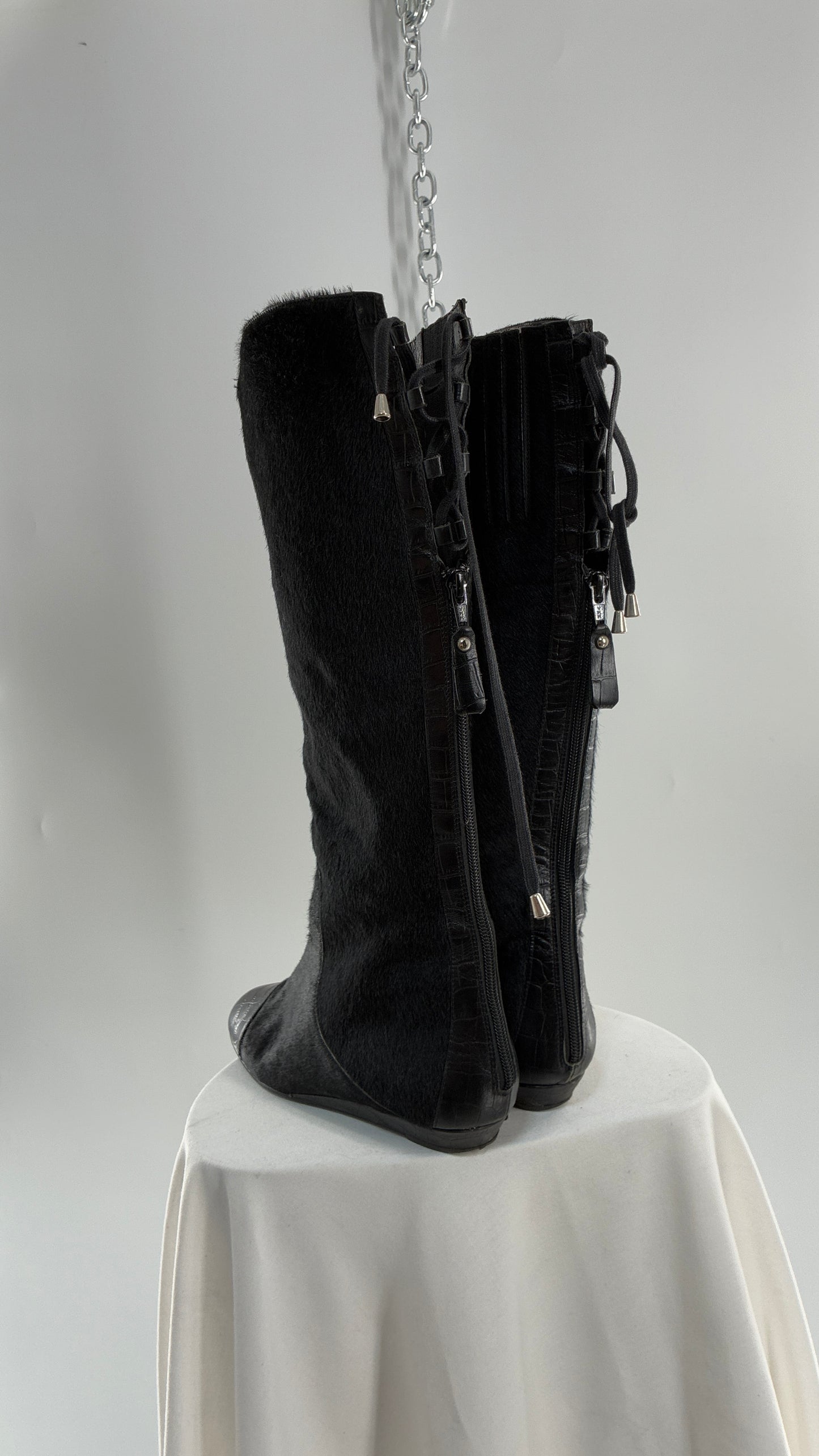 Vintage MIGLIORINI Black Genuine Calf Hair/Fur Boots with Heel, Made in Italy (7.5)