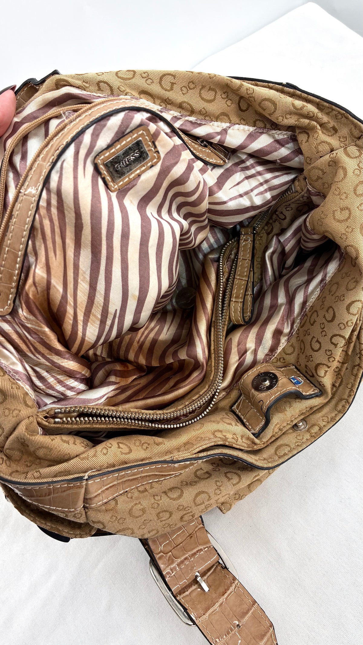 Vintage Guess Tan Monogram Shoulder Bag With Croc-Embossed Trim