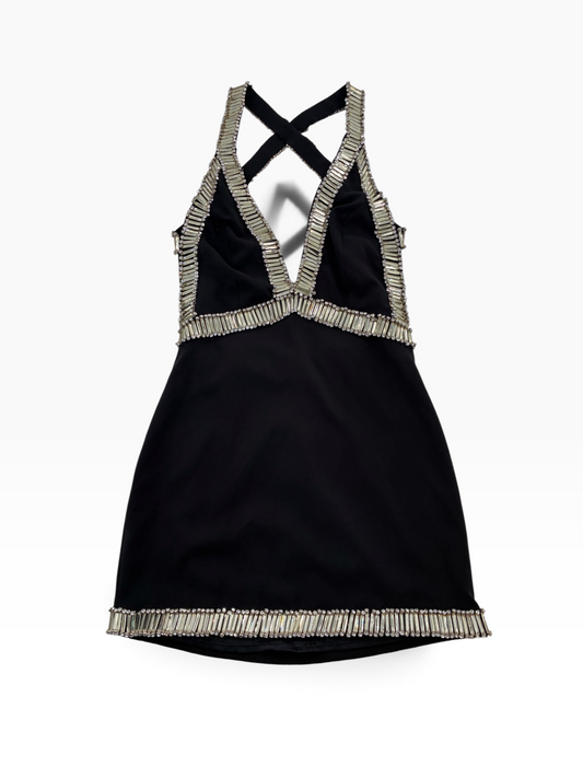 Vintage NBD Black Halter Dress Lined in Oversized Stones and Crystals (Small)