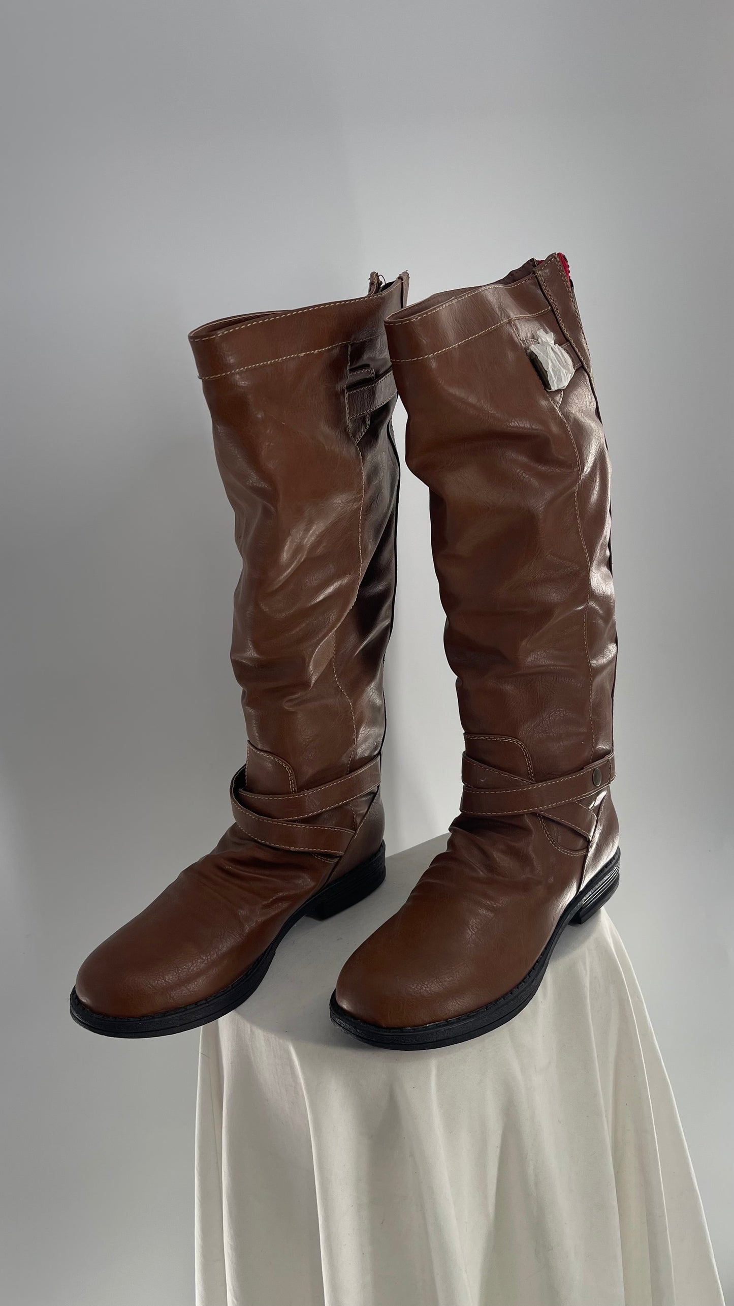 Steve Madden Brown Knee High Riding Boots with Red Zipper (10)