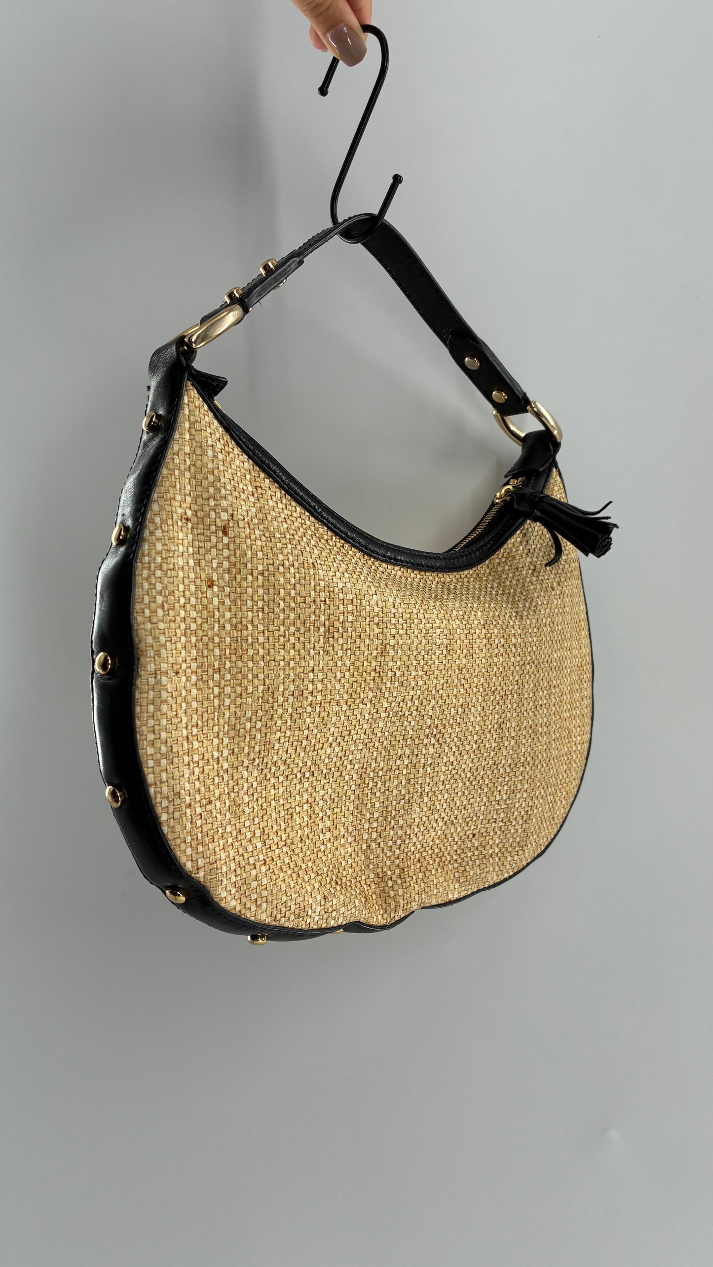 Vintage COLE HAAN Straw Shoulder Purse with Black Leather, Gold Studded Trim