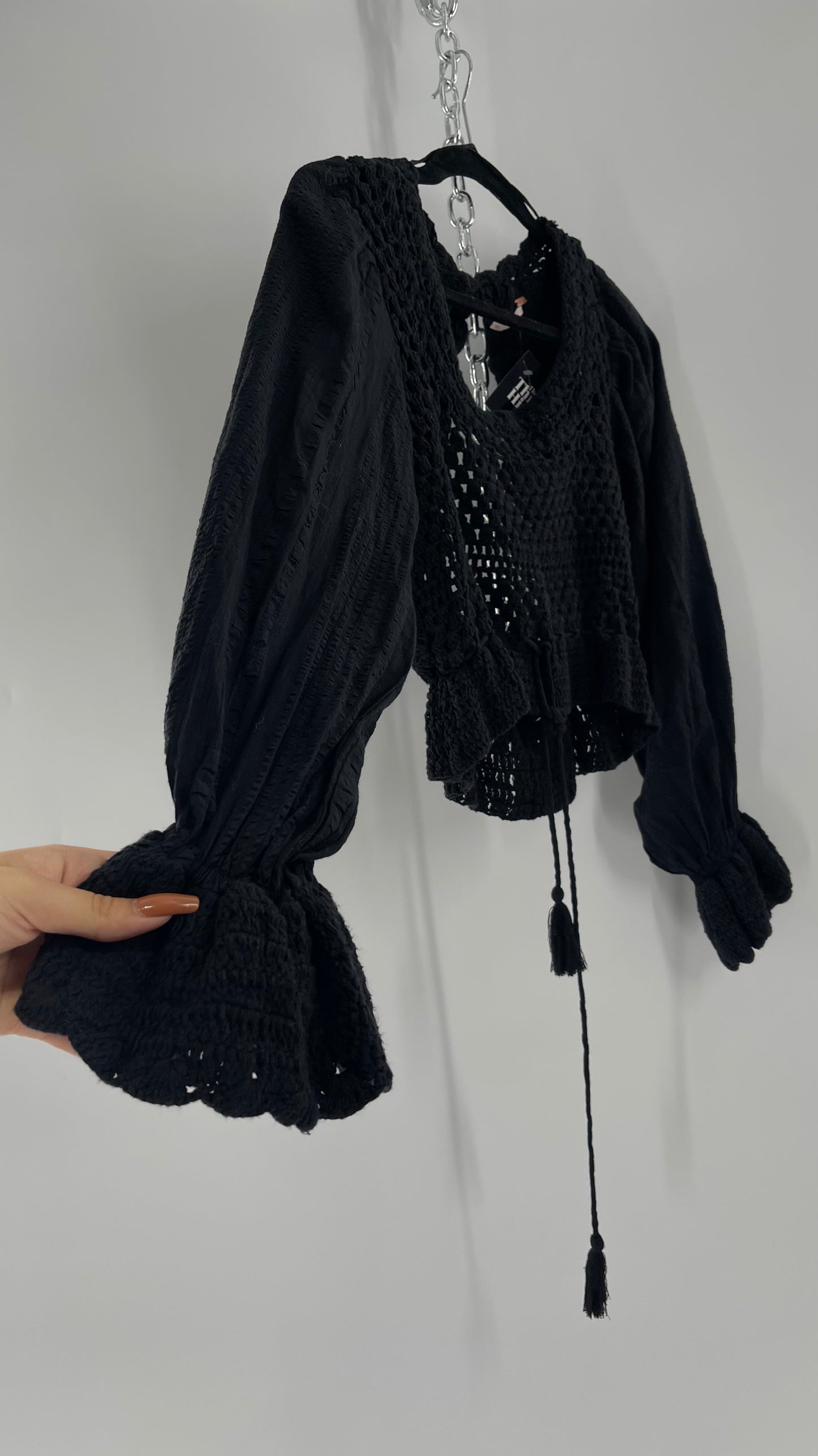 Free People Black ‘Megan’ Woven Macrame Crochet Cropped Blouse with Balloon Sleeves and Flared Cuffs (XS)