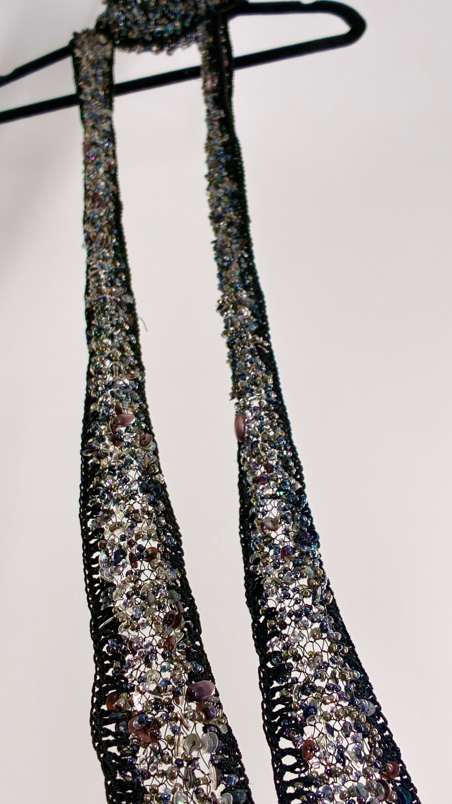 Vintage Black Netted + Crochet Scarf Necklace Covered in Heavy Beading