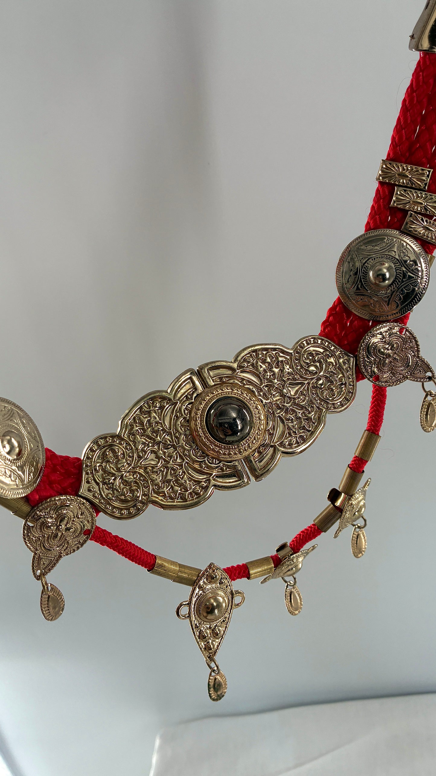 Vintage 1980s Red Rope Belt with Gold Engraved Coins Made in Korea