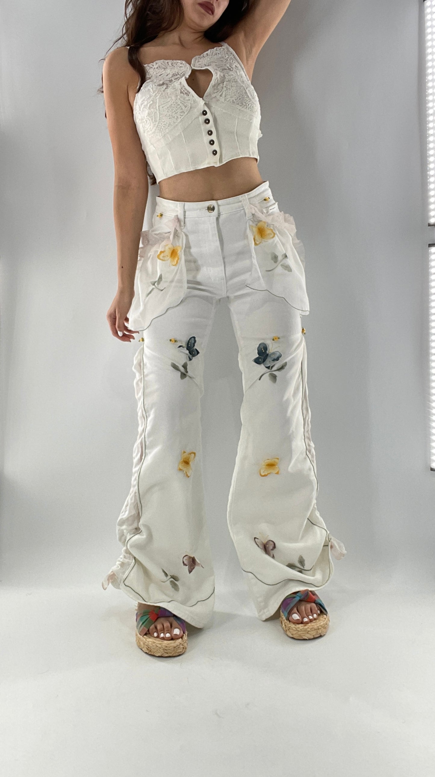 Remade Upcycled Lee White Jeans with Drawstring Adjustable Length, Lace Trim Pockets, Embroidery and Appliqué Details (27)