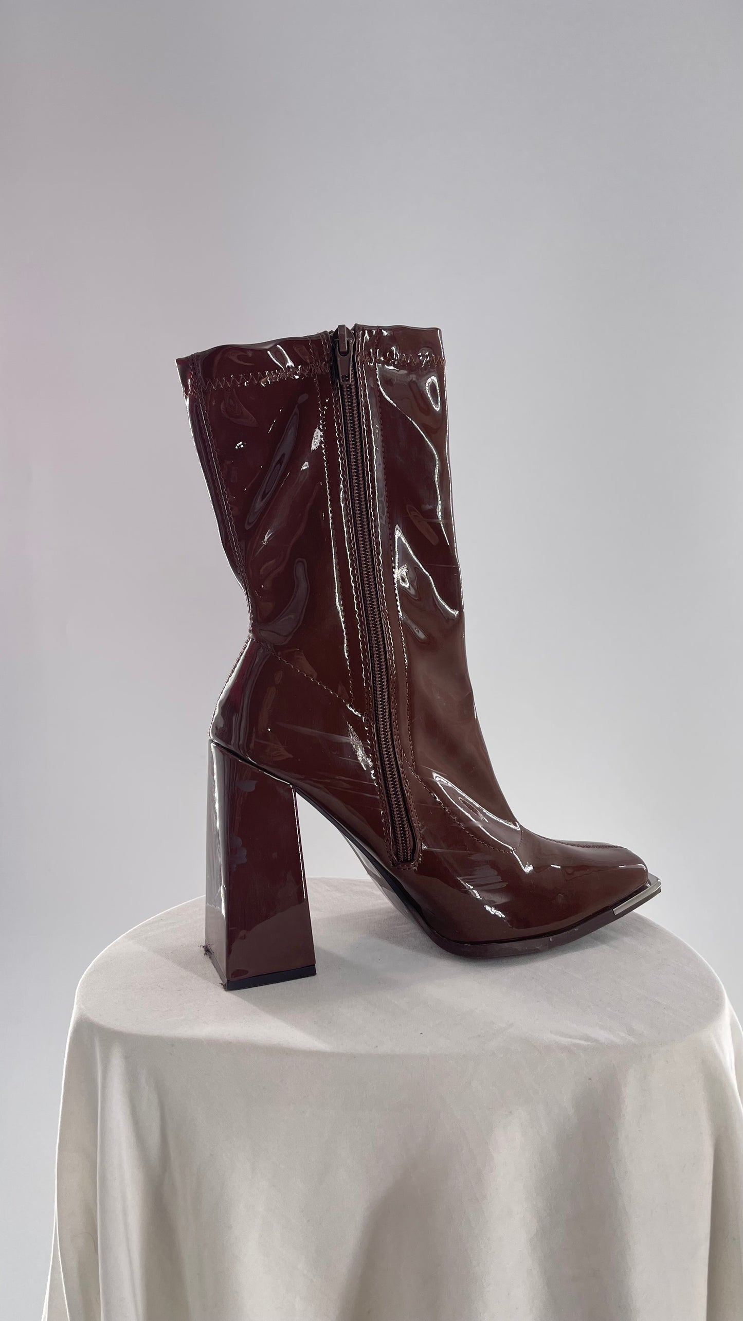 Square Toe Brown Vinyl Boot with Angled Block Heel (8)