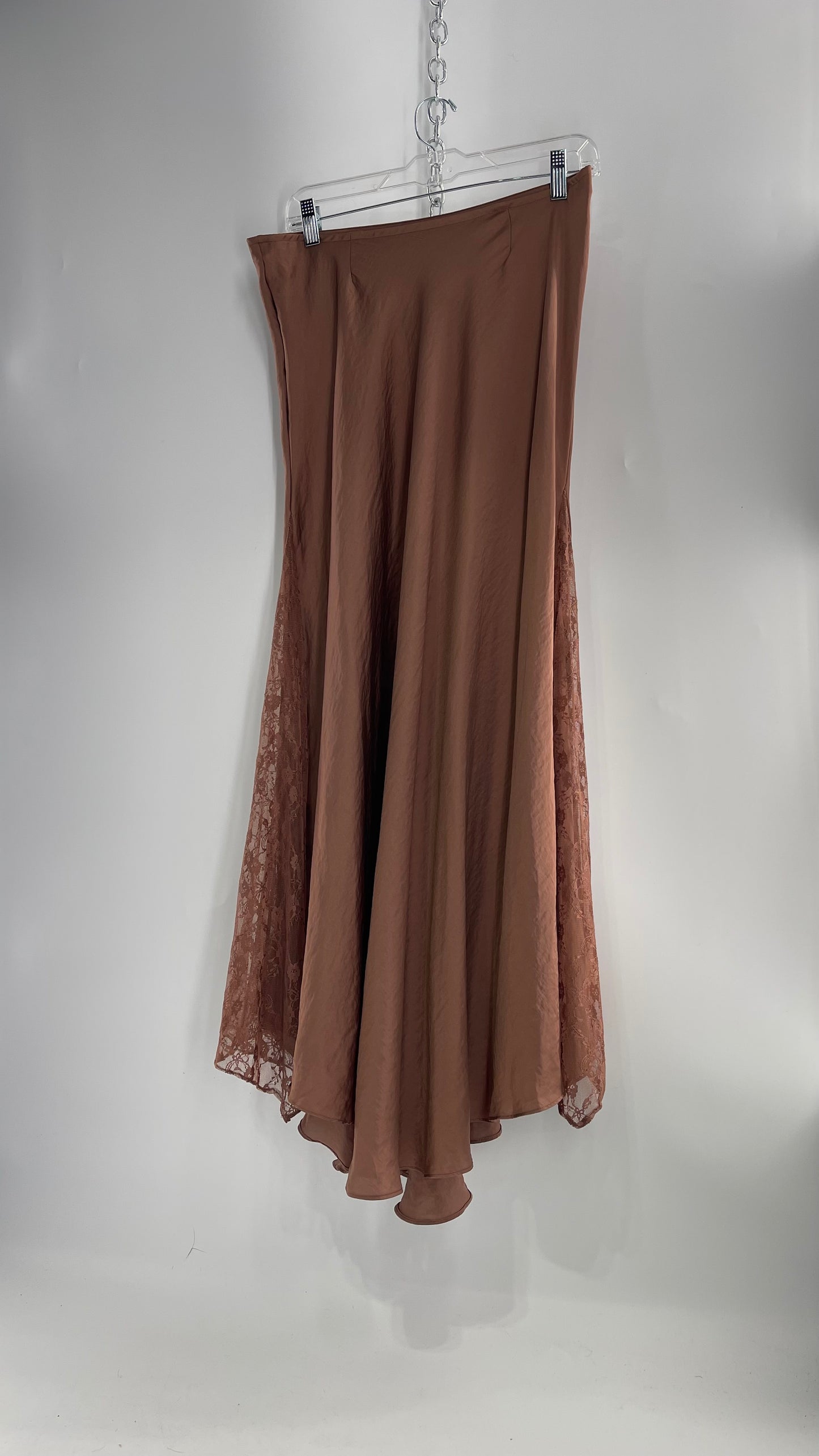 Intimately Free People Brown/Dusty Mauve Satin Maxi Skirt with Lace Paneling (Medium)