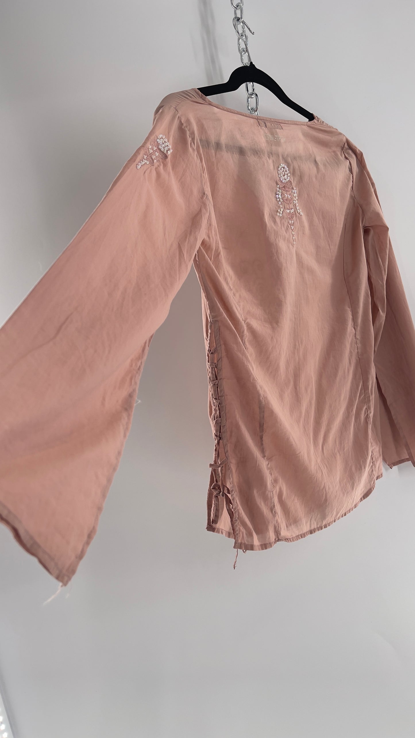 Vintage Coronel Tapioca Dusty Pink Tunic with Beaded Designs and Lace Up Sides (Medium)