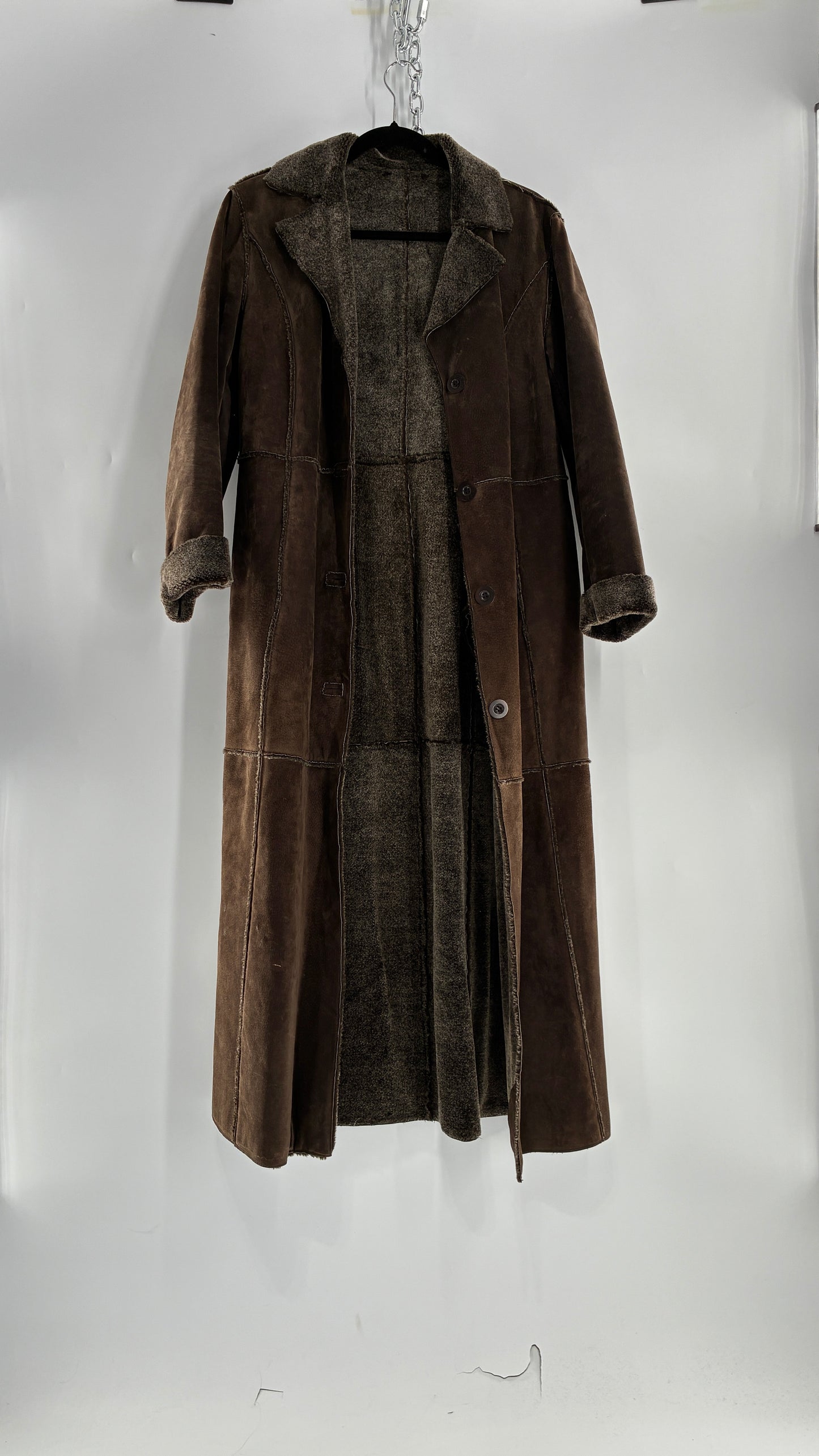 Vintage WINLIT Brown Full Length Paneled Suede Leather Coat (Small)