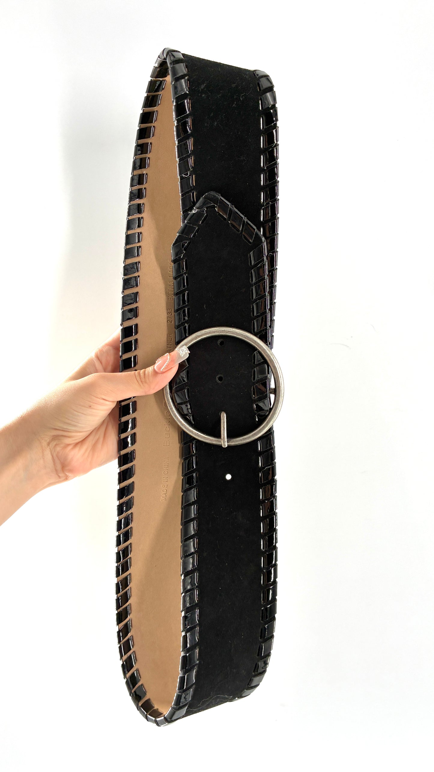 Vintage BUCKLE Black Genuine Suede Leather Wide Hip Belt with Oversized Silver Circle Buckle (XL)