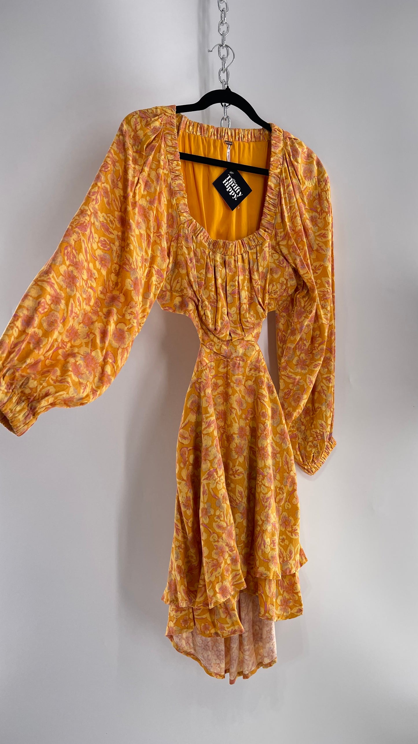 Free People Yellow Cut Out Golden Florals Dress with Ruched Bust and Balloon Sleeves (XS)