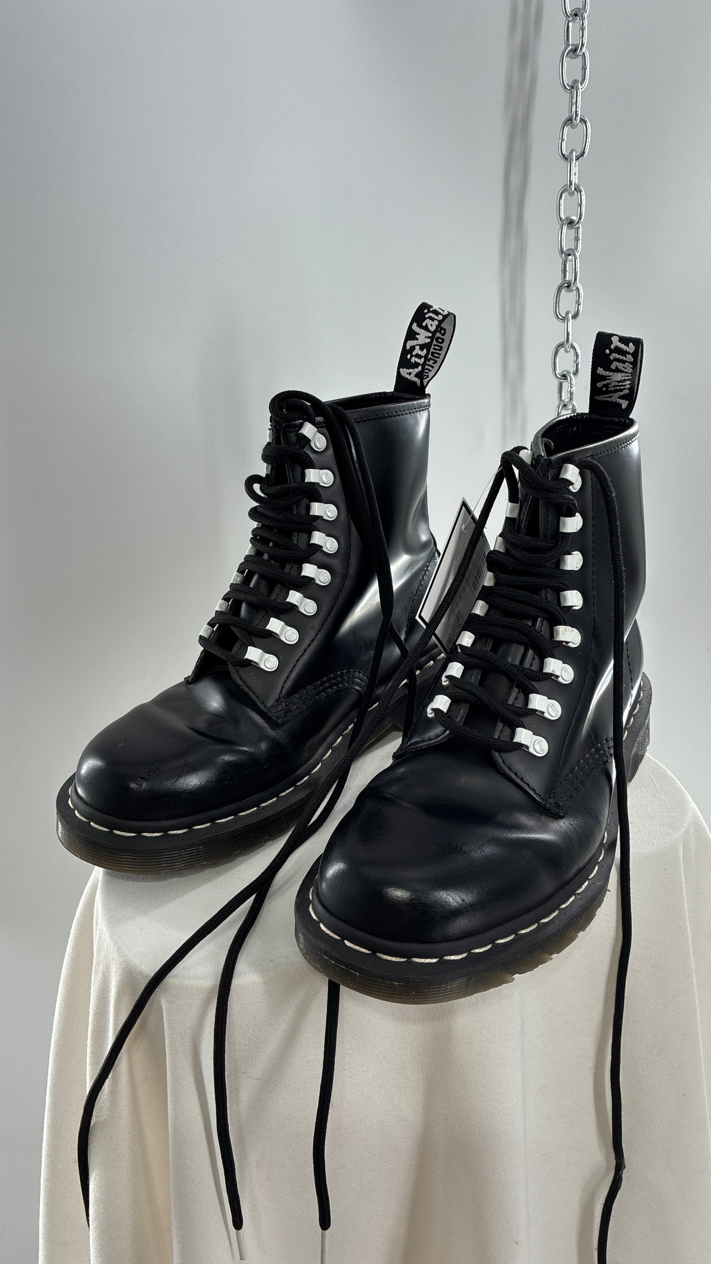Vintage DR.MARTENS AirWair 1460 DISRUPT Black Patent Leather Boots with White Hardware (8L, 7M)