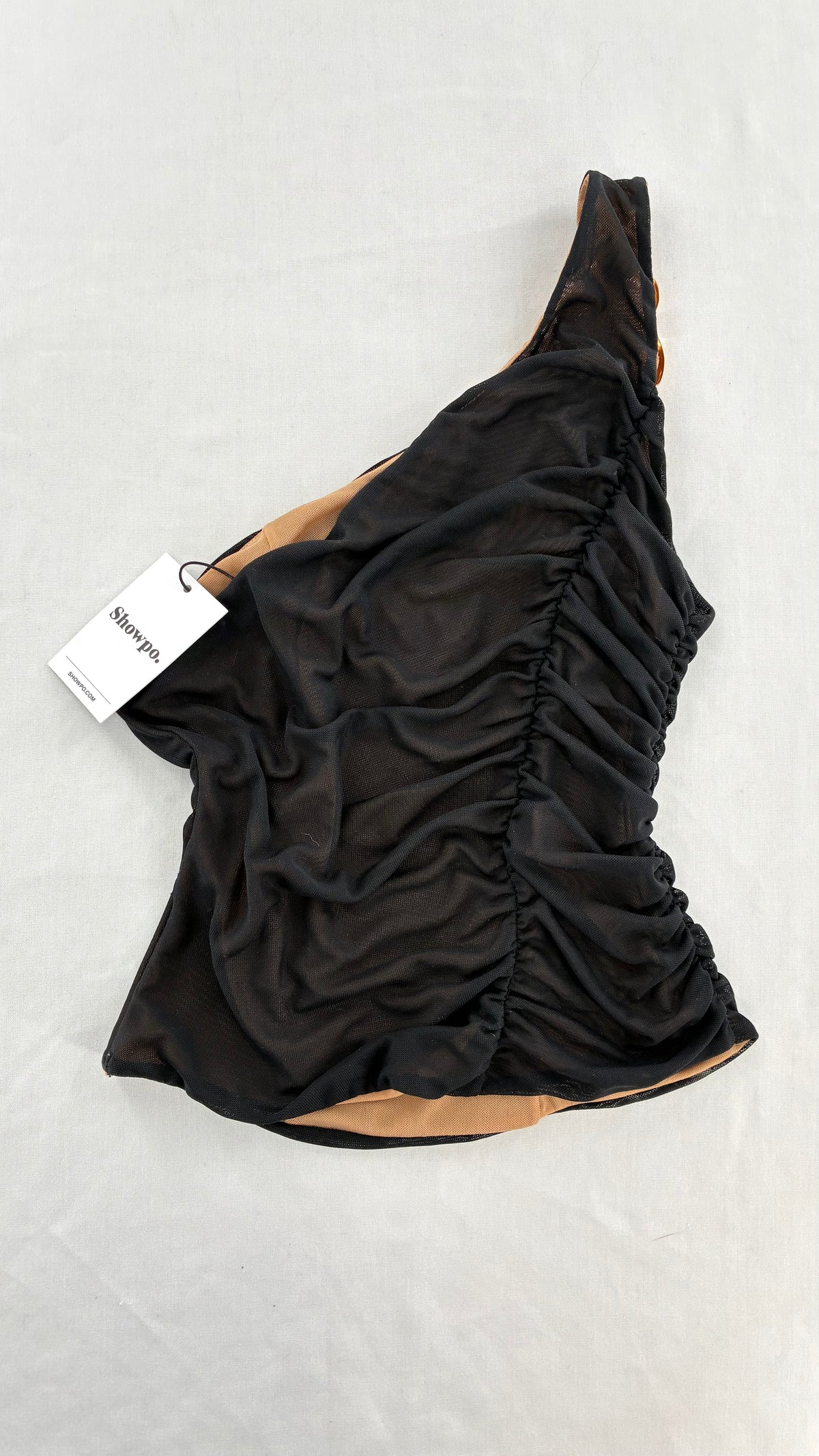 SHOWPO Ruched Nude Underlay Black Mesh One Shoulder Blouse with Tags (4)