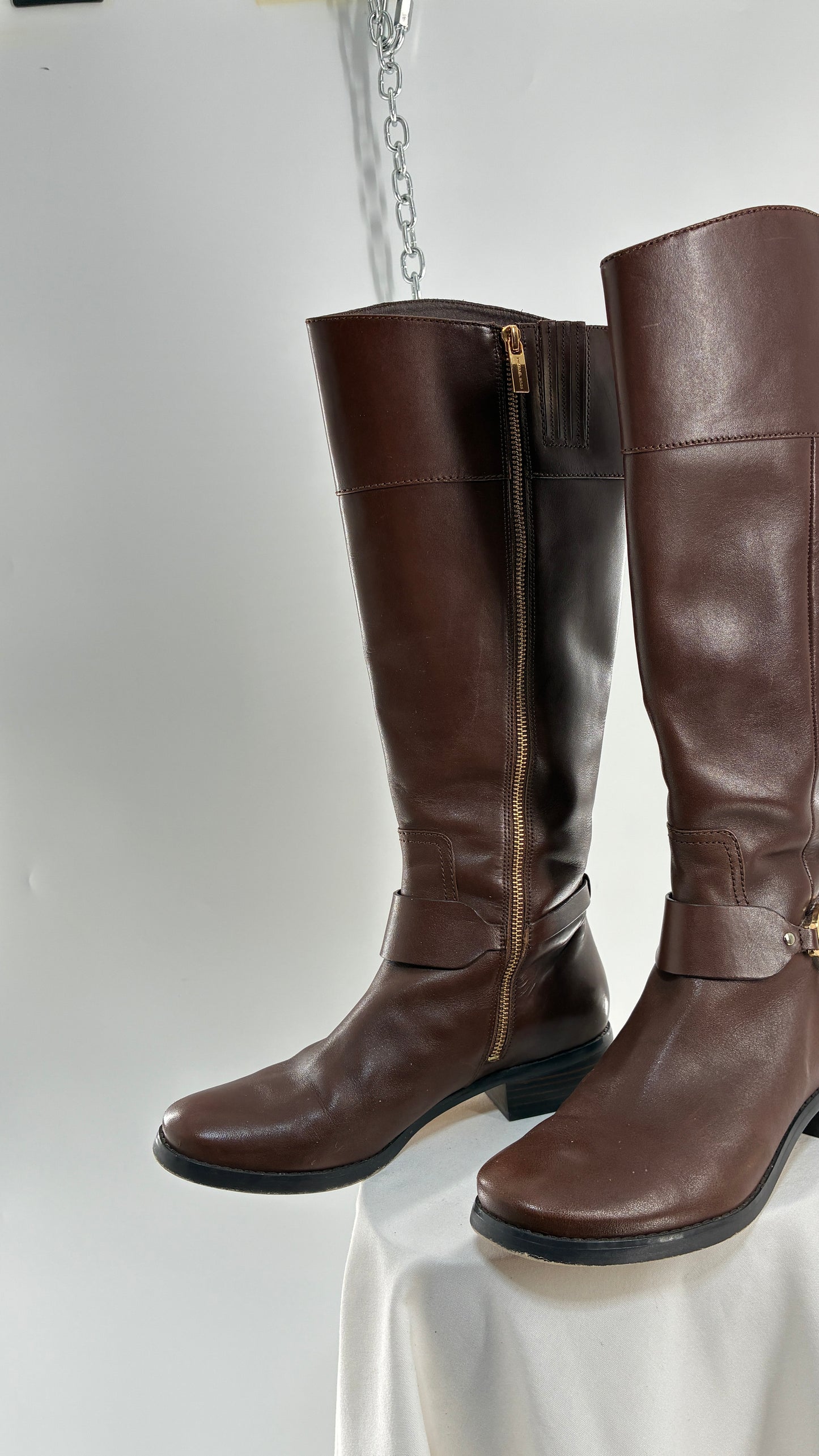 Vintage MICHAEL KORS Knee High Brown Genuine Leather Moto Boot with Gold Detailing (9)