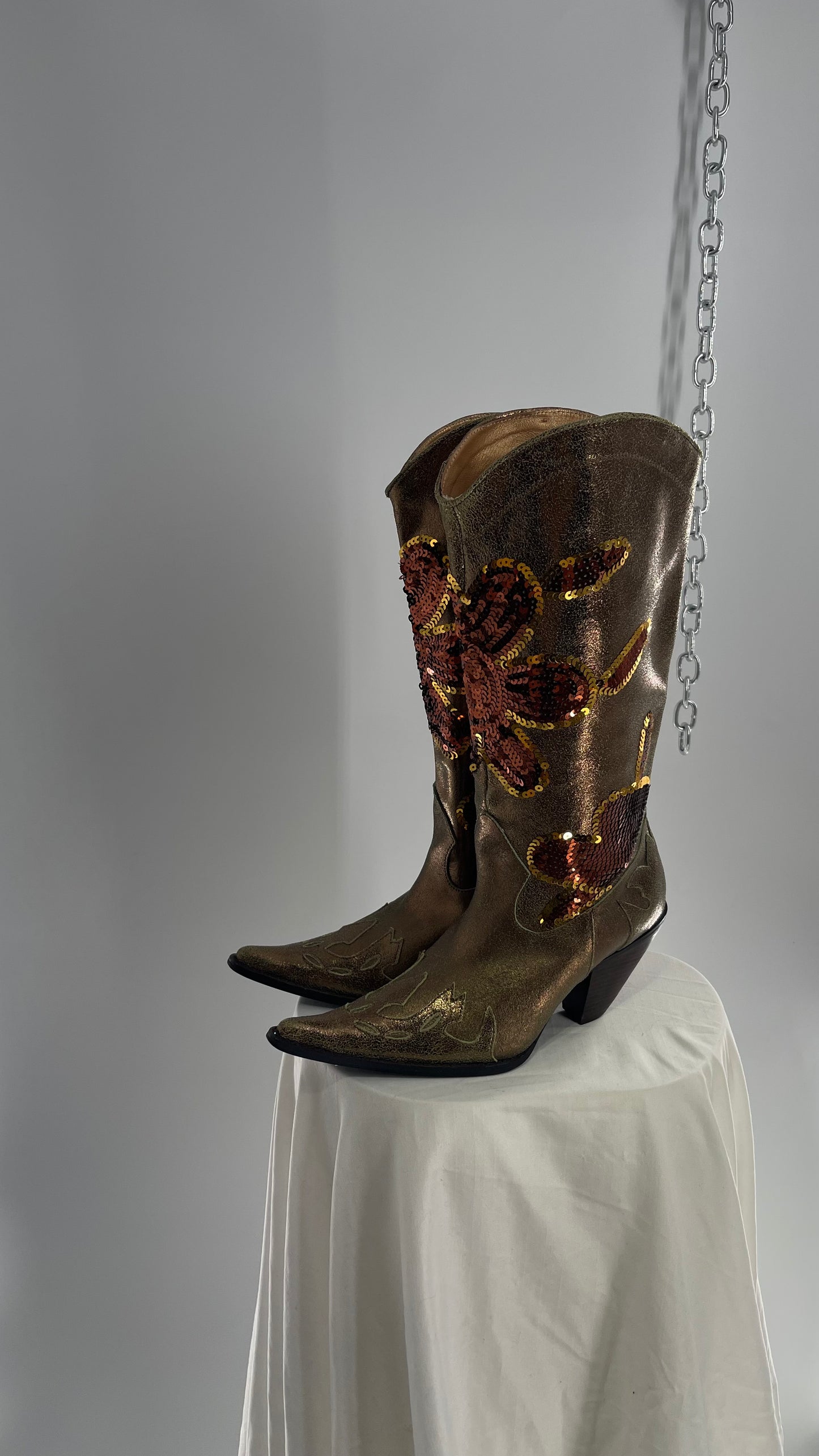 RARE Vintage Foot Candy Sage Green/Bronze Leather Cowboy Boots with Sequin Flowers and Flame Details (6.5)