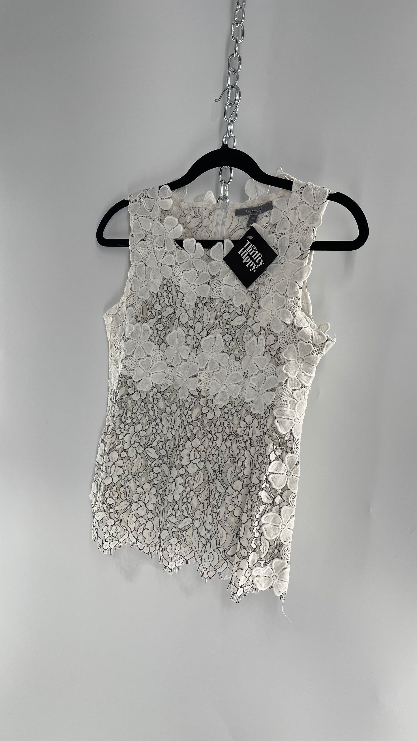 Anthropologie Blue Tassel White Lace Tank with White Lace Under bust and Collar Trim (XS)